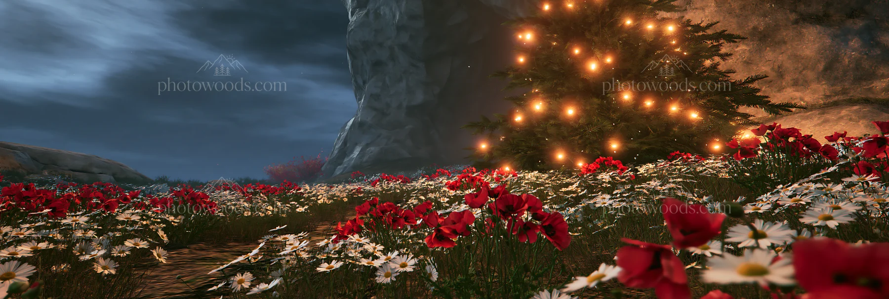 Christmas tree beside cave in meadow with flowers - AI-generated stock image