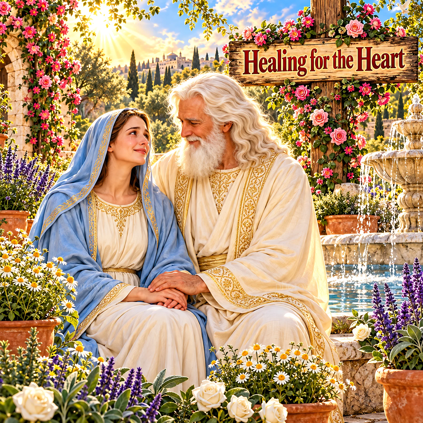 Jesus Christ comforting a woman in a garden setting - AI-generated stock image