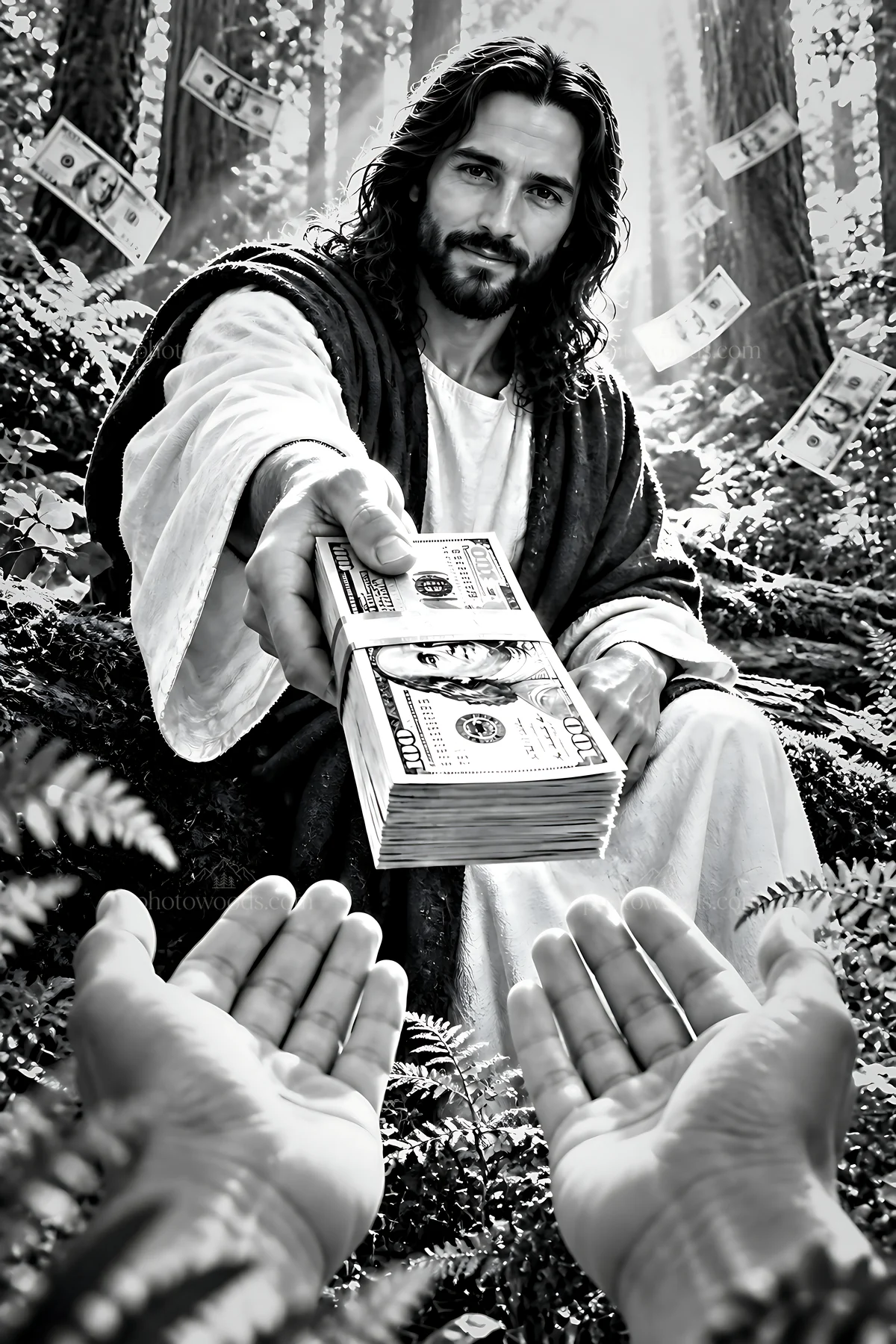 Forest clearing with a figure offering money - AI-generated stock image