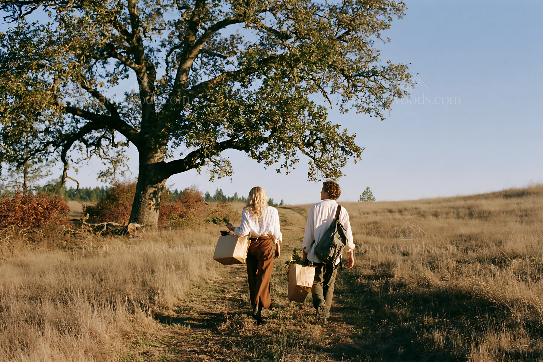 Couple walking in a field carrying gifts and plants - AI-generated stock image
