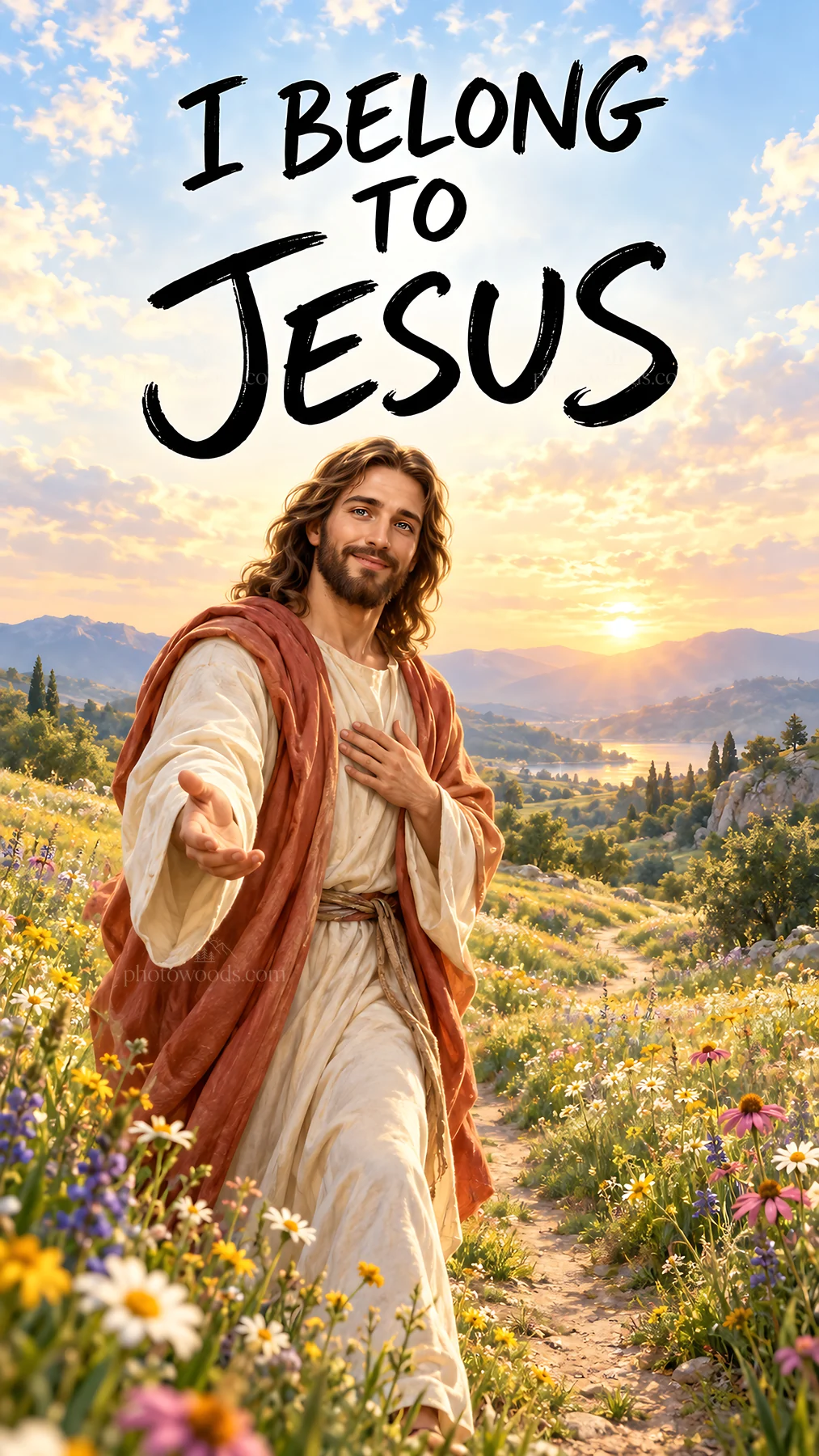 Jesus Christ walks among flowers in a beautiful landscape - AI-generated stock image