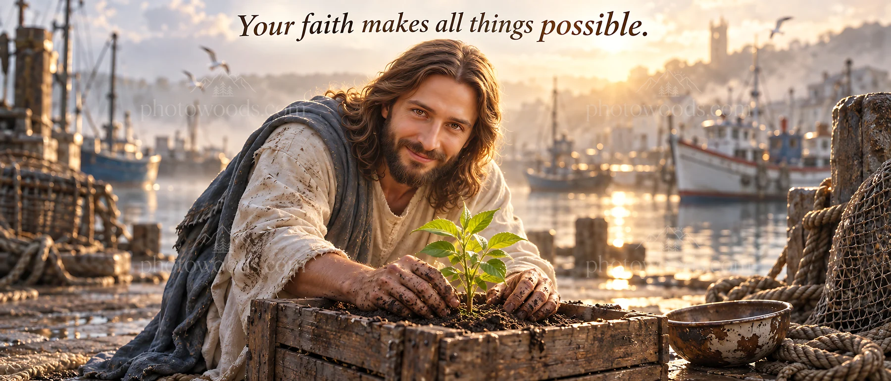 Jesus Christ planting a seed by the water - AI-generated stock image