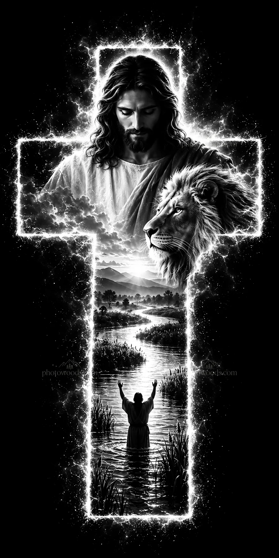 Jesus Christ depicted with a lion and a figure in worship - AI-generated stock image