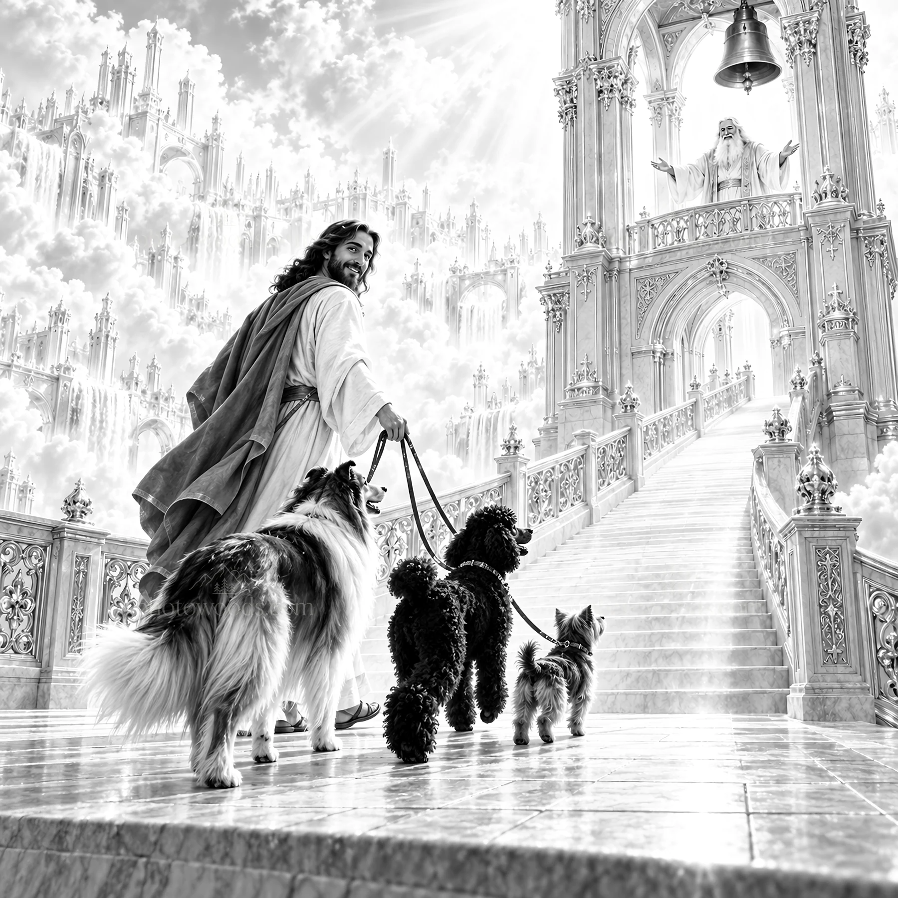 Jesus Christ walking with dogs towards a heavenly light - AI-generated stock image