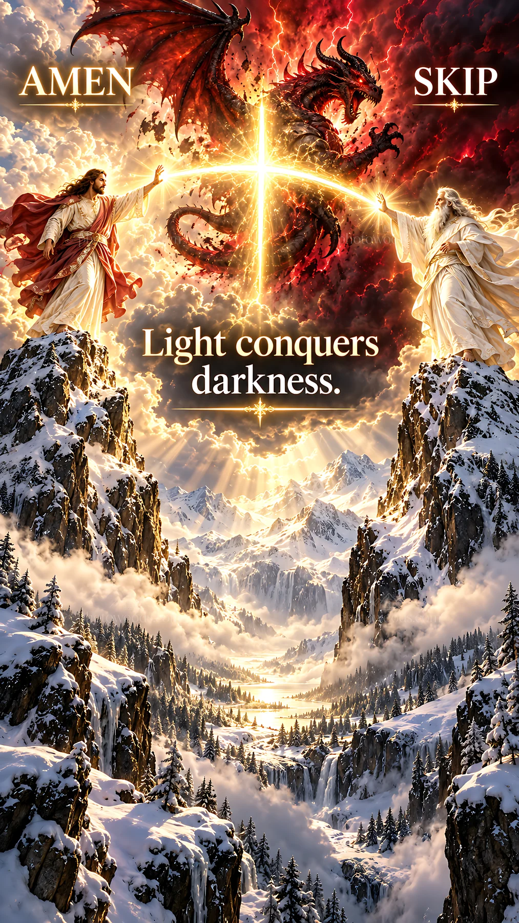 Jesus Christ brings light to darkness in a spiritual battle - AI-generated stock image