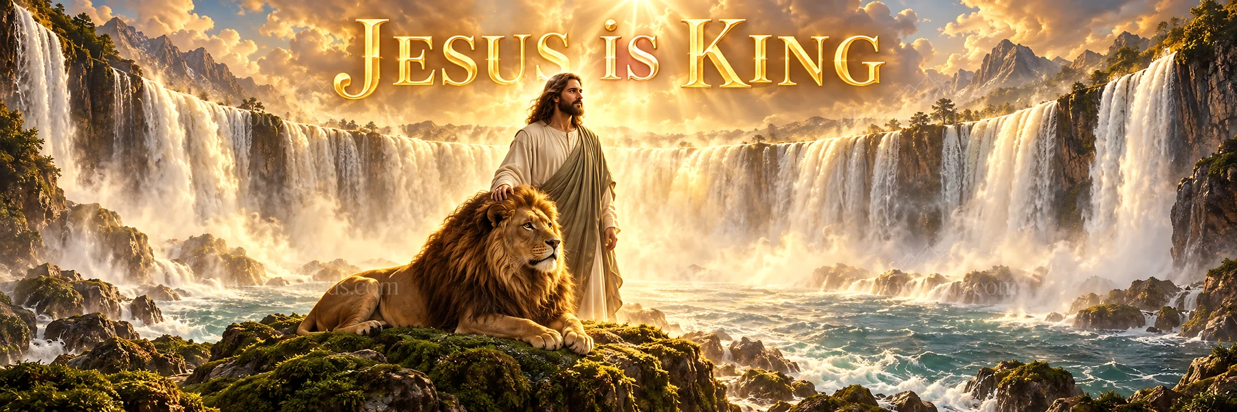 Jesus Christ stands by a lion in a majestic landscape - AI-generated stock image
