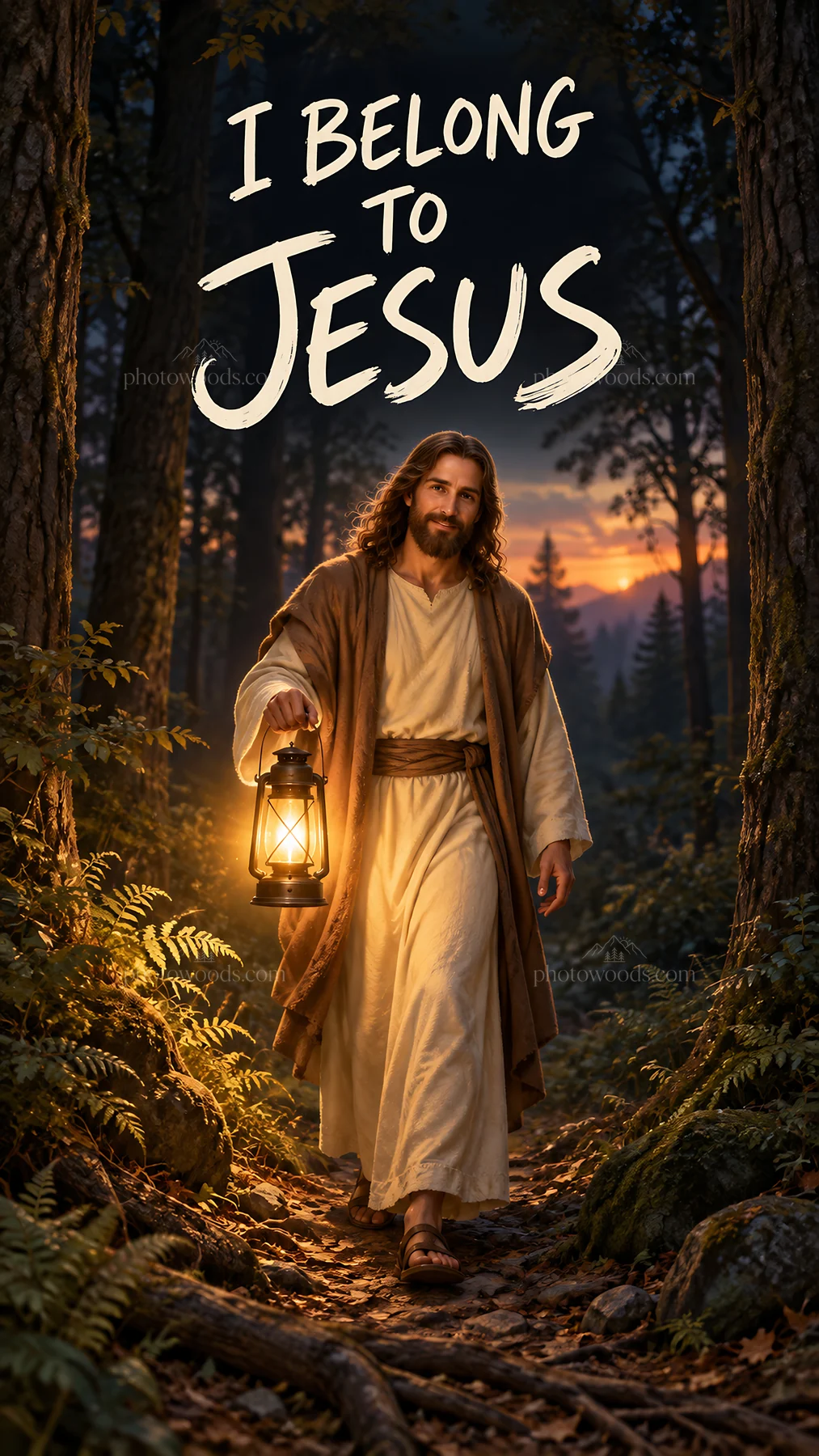 Jesus Christ walking with a lantern in a forest setting - AI-generated stock image