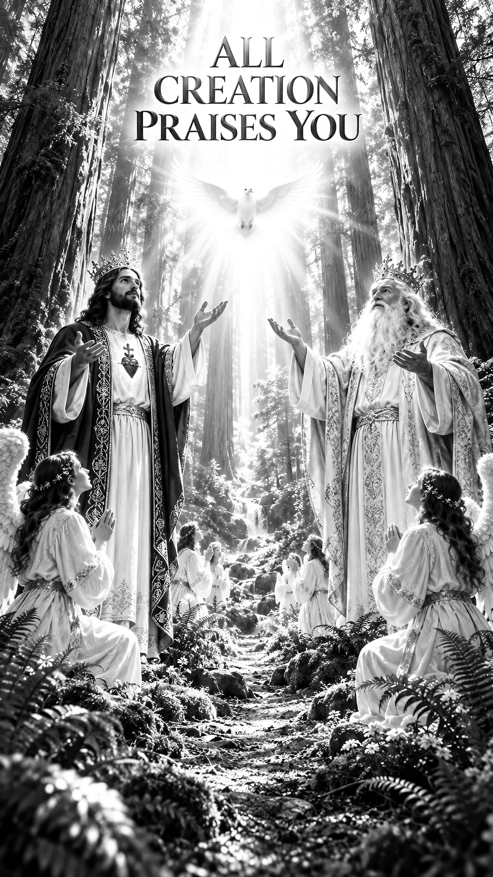 Jesus Christ with angels in a forest praising God - AI-generated stock image