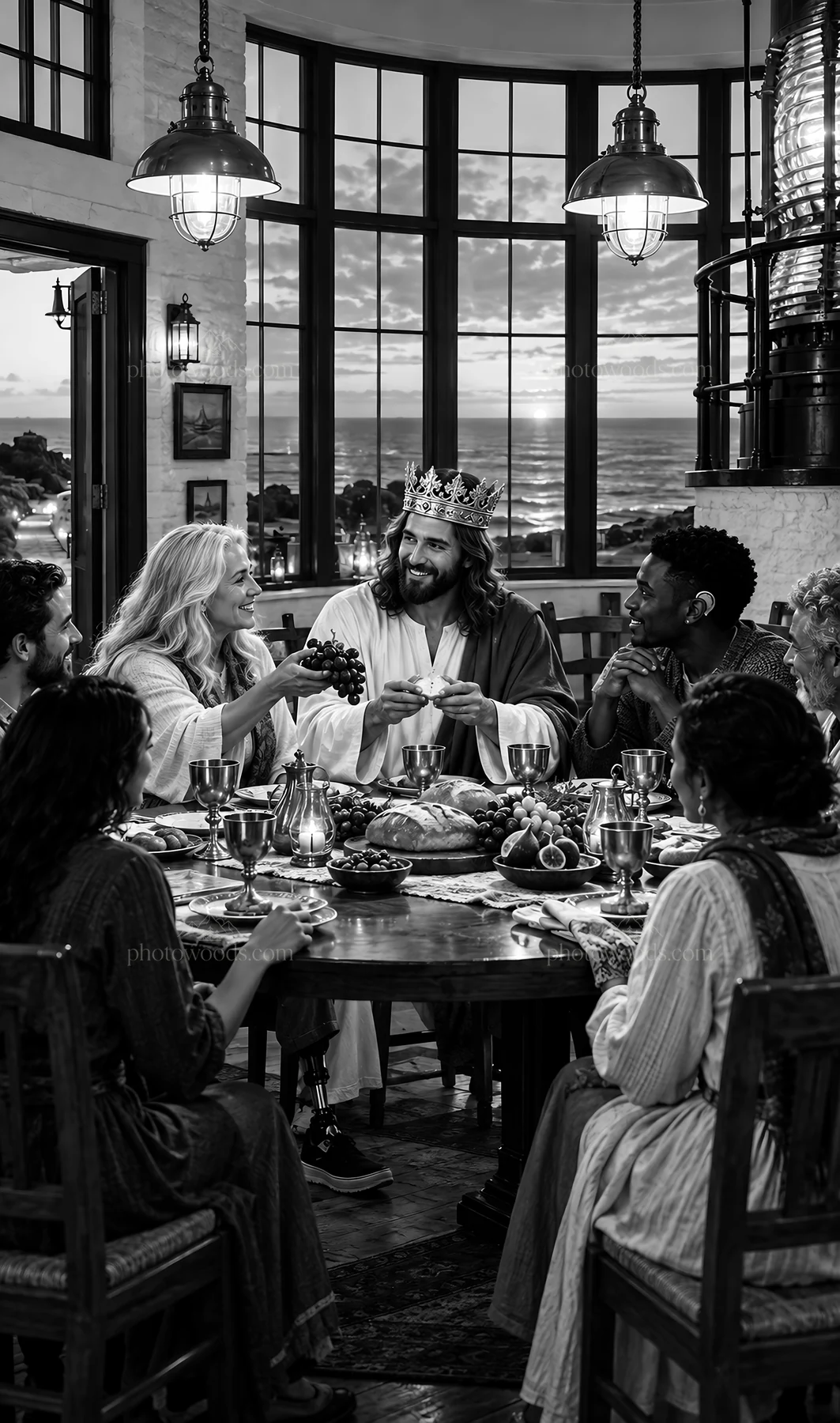 Jesus Christ shares a meal with followers in a warm setting - AI-generated stock image