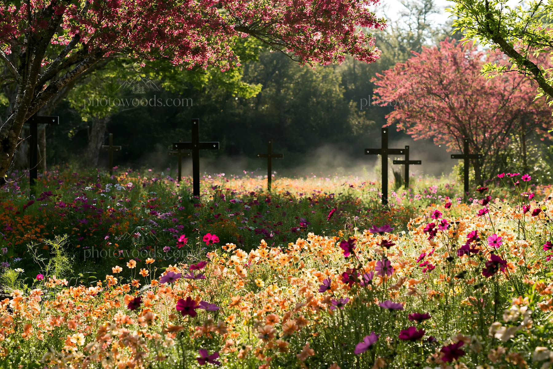 Christian crosses in a meadow filled with flowers near a spring - AI-generated stock image