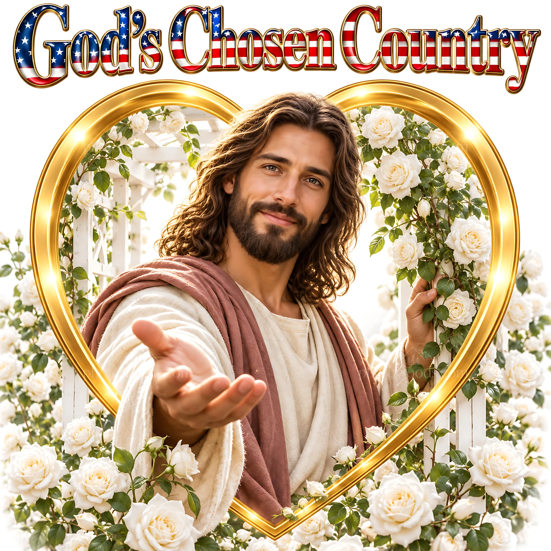 Jesus Christ welcoming with open arms surrounded by flowers - AI-generated stock image