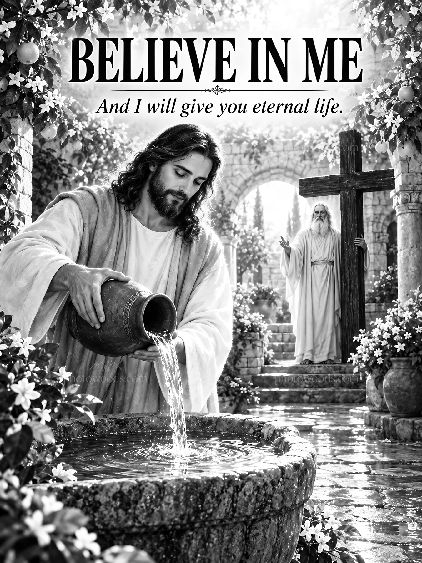 Jesus Christ pouring water and offering eternal life - AI-generated stock image