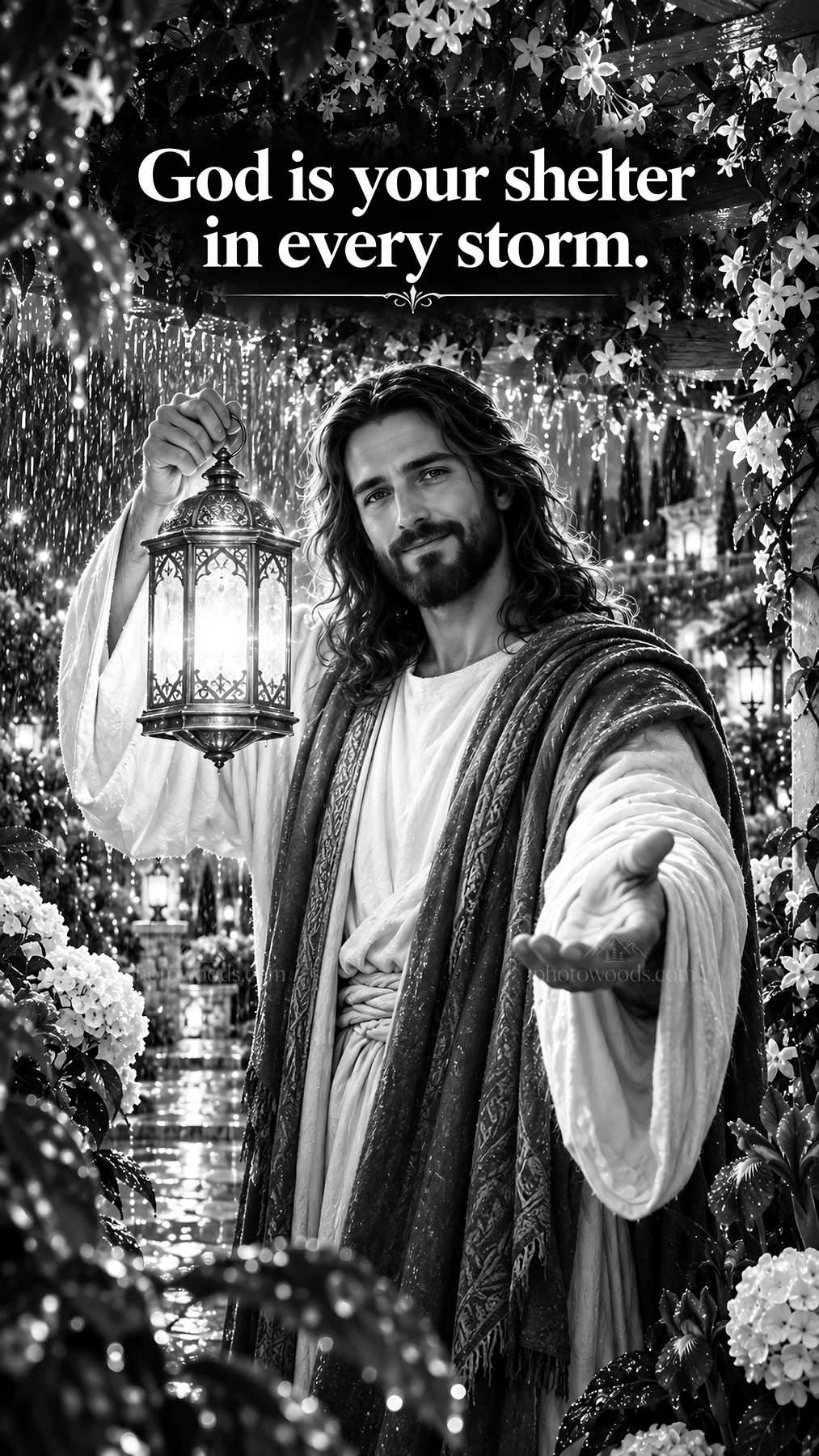 Jesus Christ comforting the viewer in a garden setting - AI-generated stock image