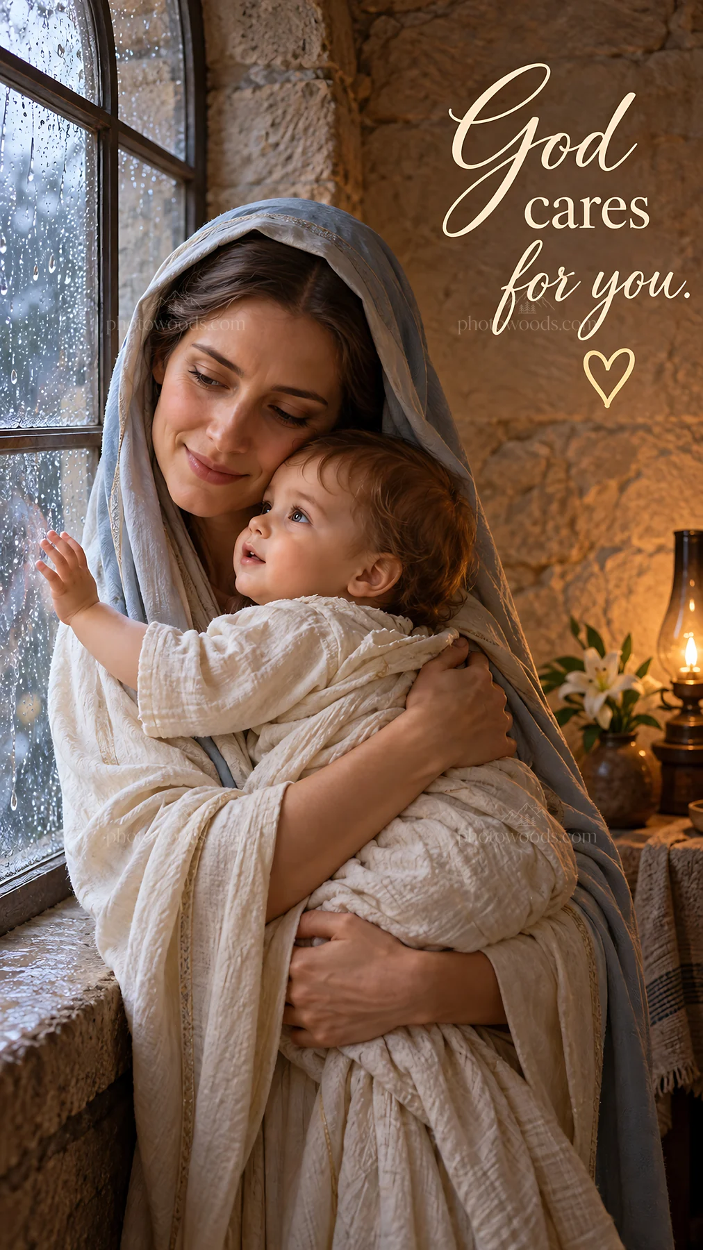 Jesus Christ comforting a child in a warm setting - AI-generated stock image