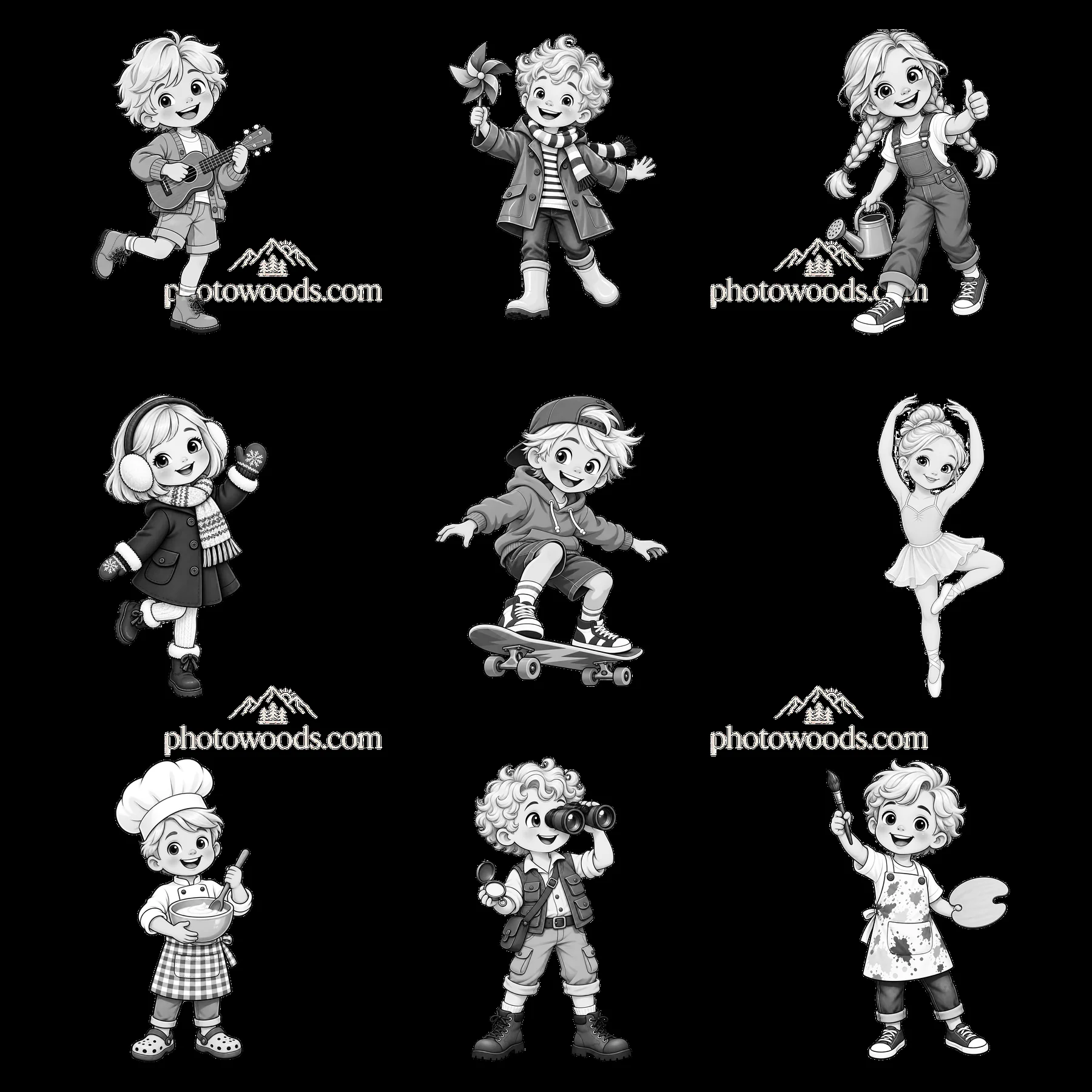 Blond child stickers engaged in various fun activities - AI-generated stock image