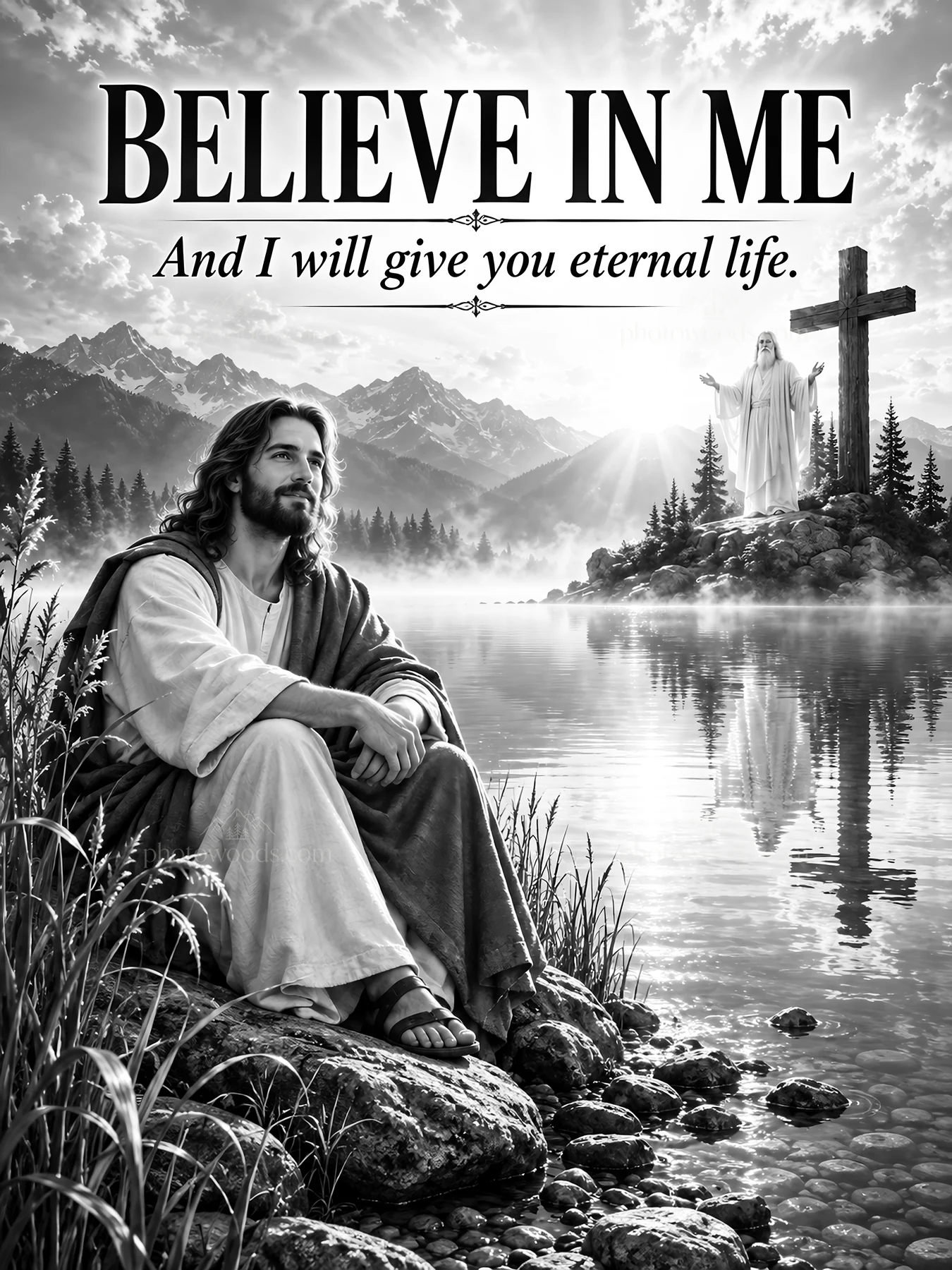 Jesus Christ seated by water offering eternal life - AI-generated stock image
