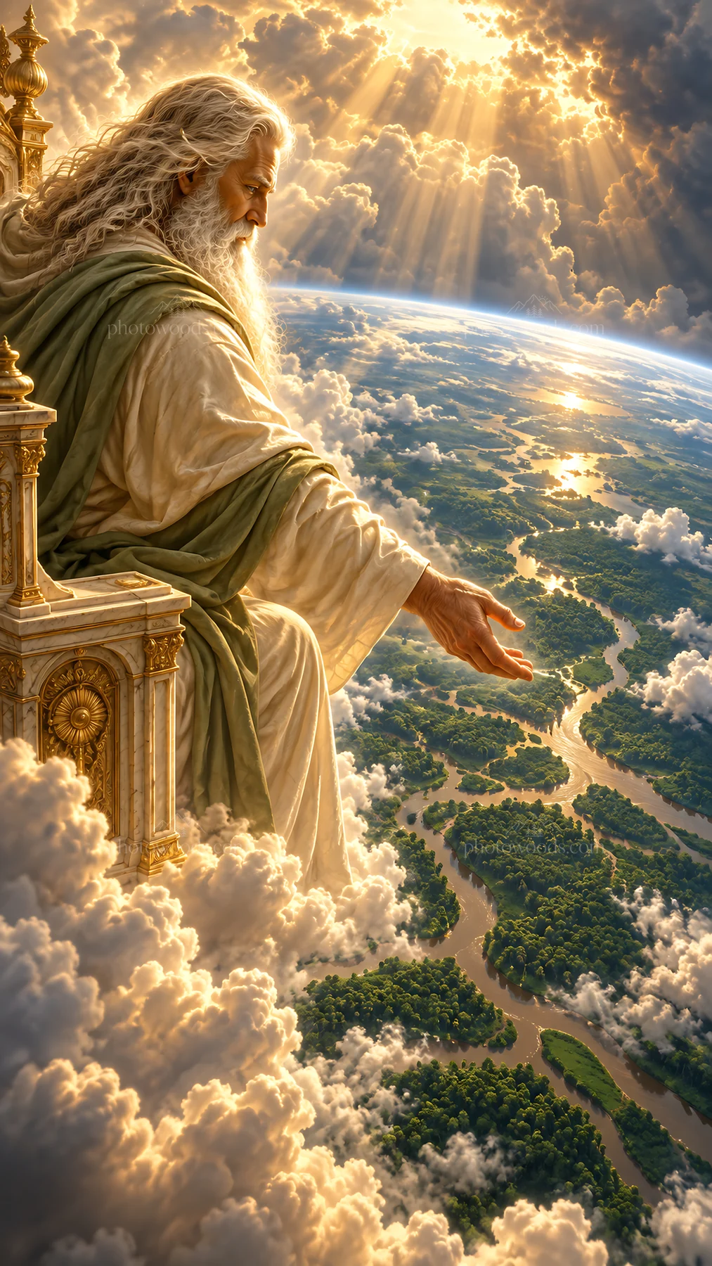 Jesus Christ watching over the earth from a heavenly throne - AI-generated stock image