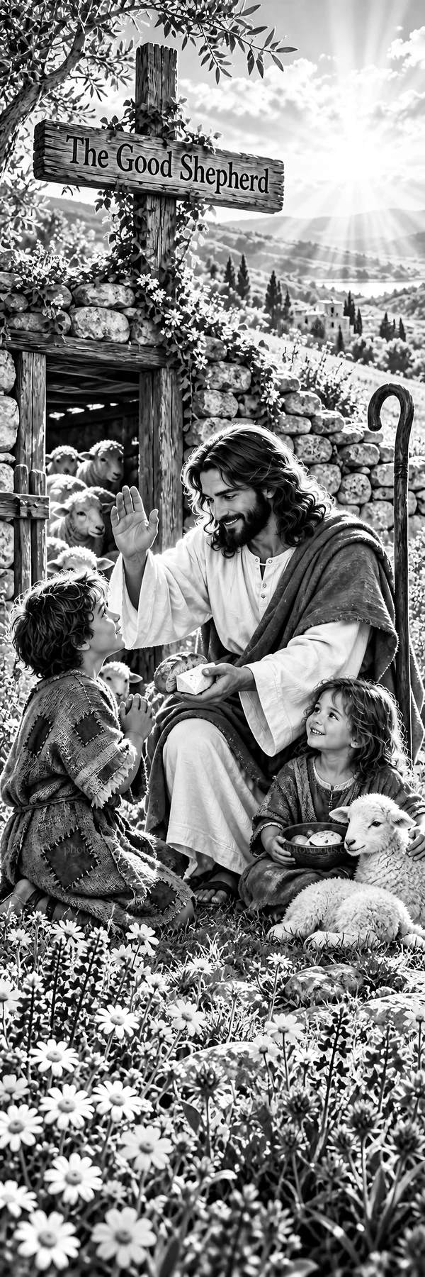 Jesus Christ teaching children in a pastoral scene - AI-generated stock image