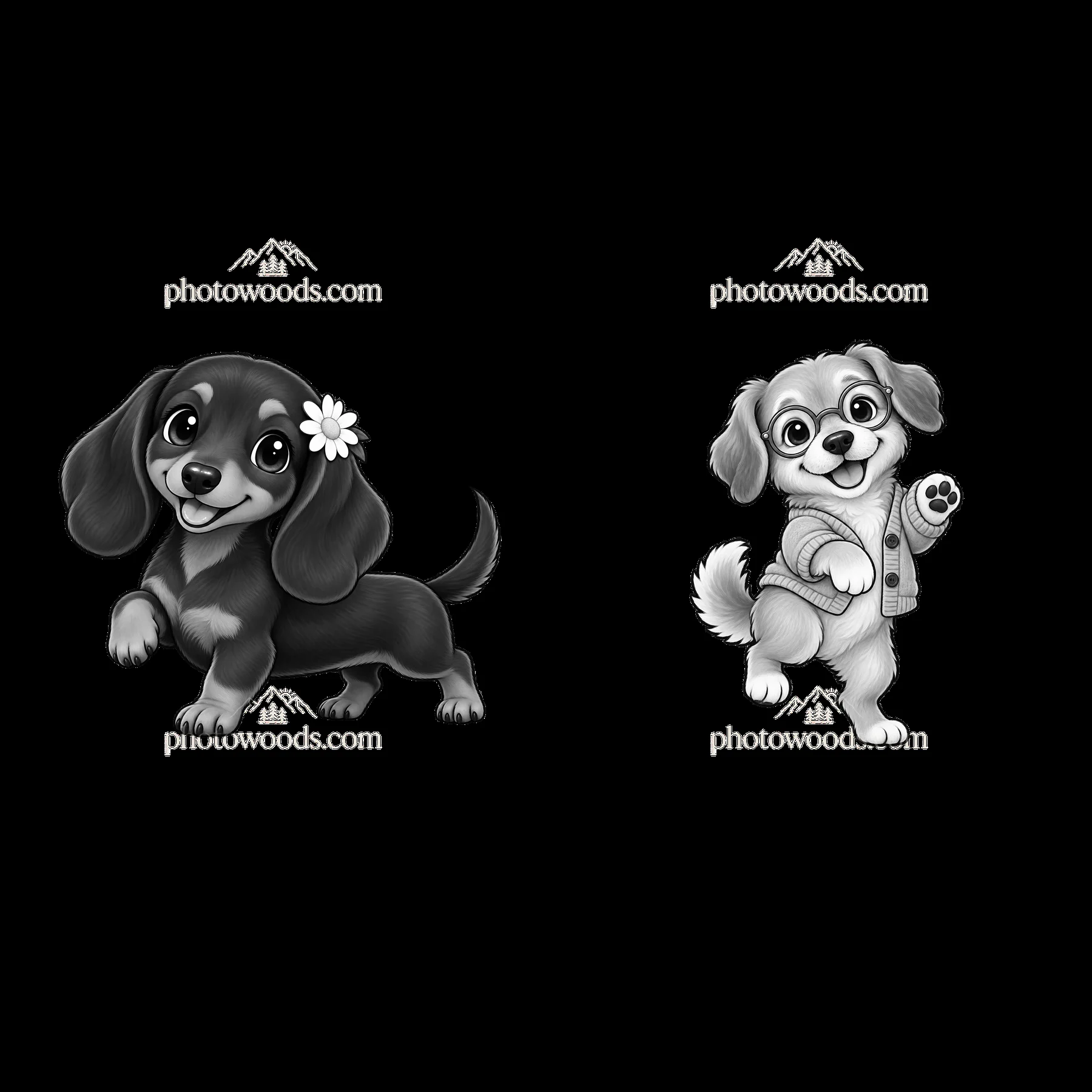 Cute dogs with flower and shirt in playful poses - AI-generated stock image
