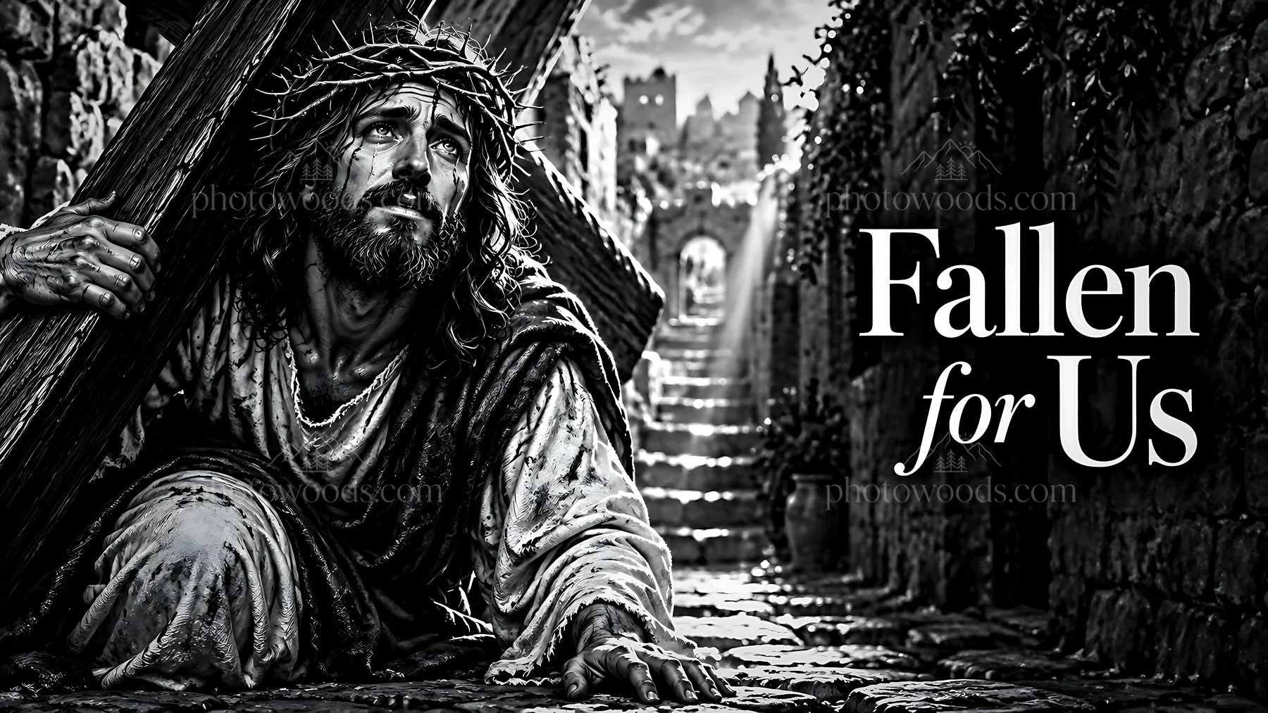 Fallen figure carries cross in a historical setting - AI-generated stock image