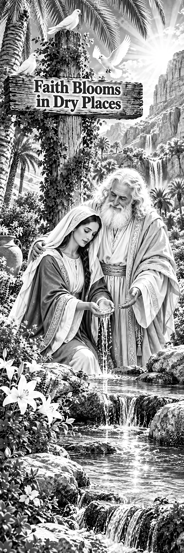 Jesus Christ comforts Mary in a garden setting - AI-generated stock image