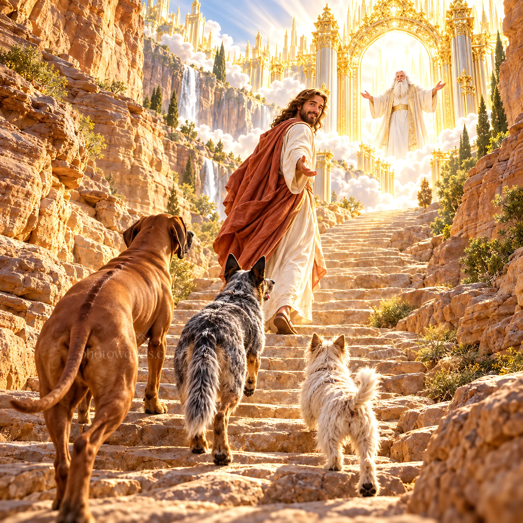 Jesus Christ walking towards the heavenly gate with dogs - AI-generated stock image