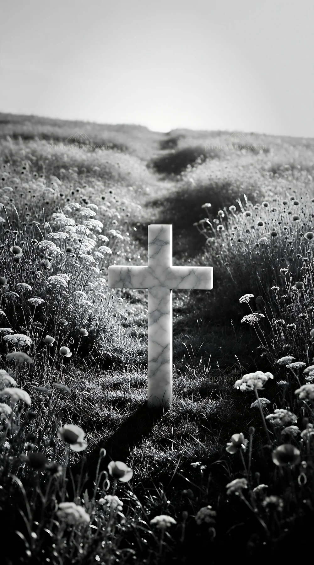 Marble Christian cross in meadow with flowers - AI-generated stock image
