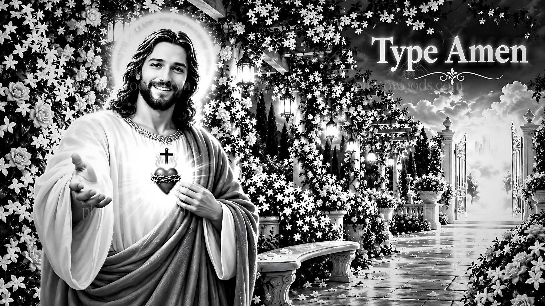 Jesus stands in a jasmine lantern garden with flowers and light - AI-generated stock image