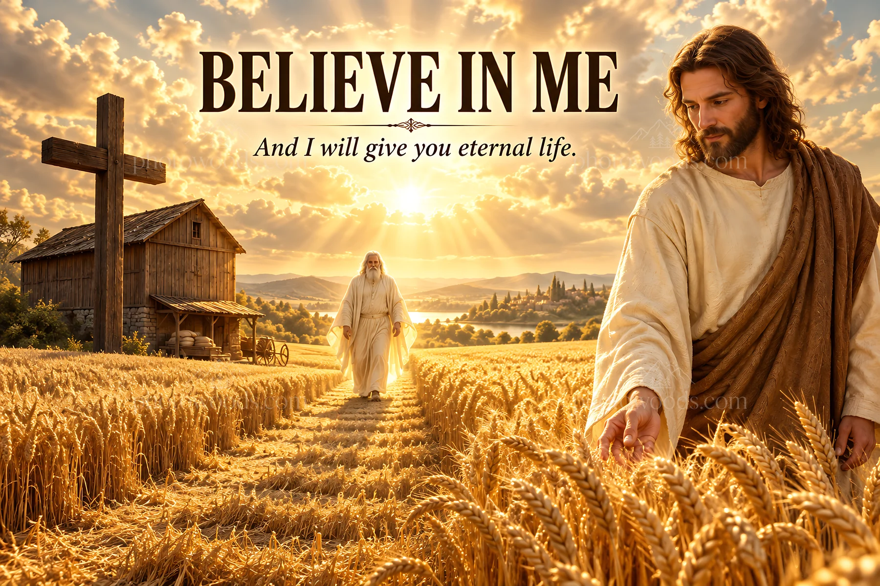 Jesus Christ in a wheat field offering eternal life - AI-generated stock image