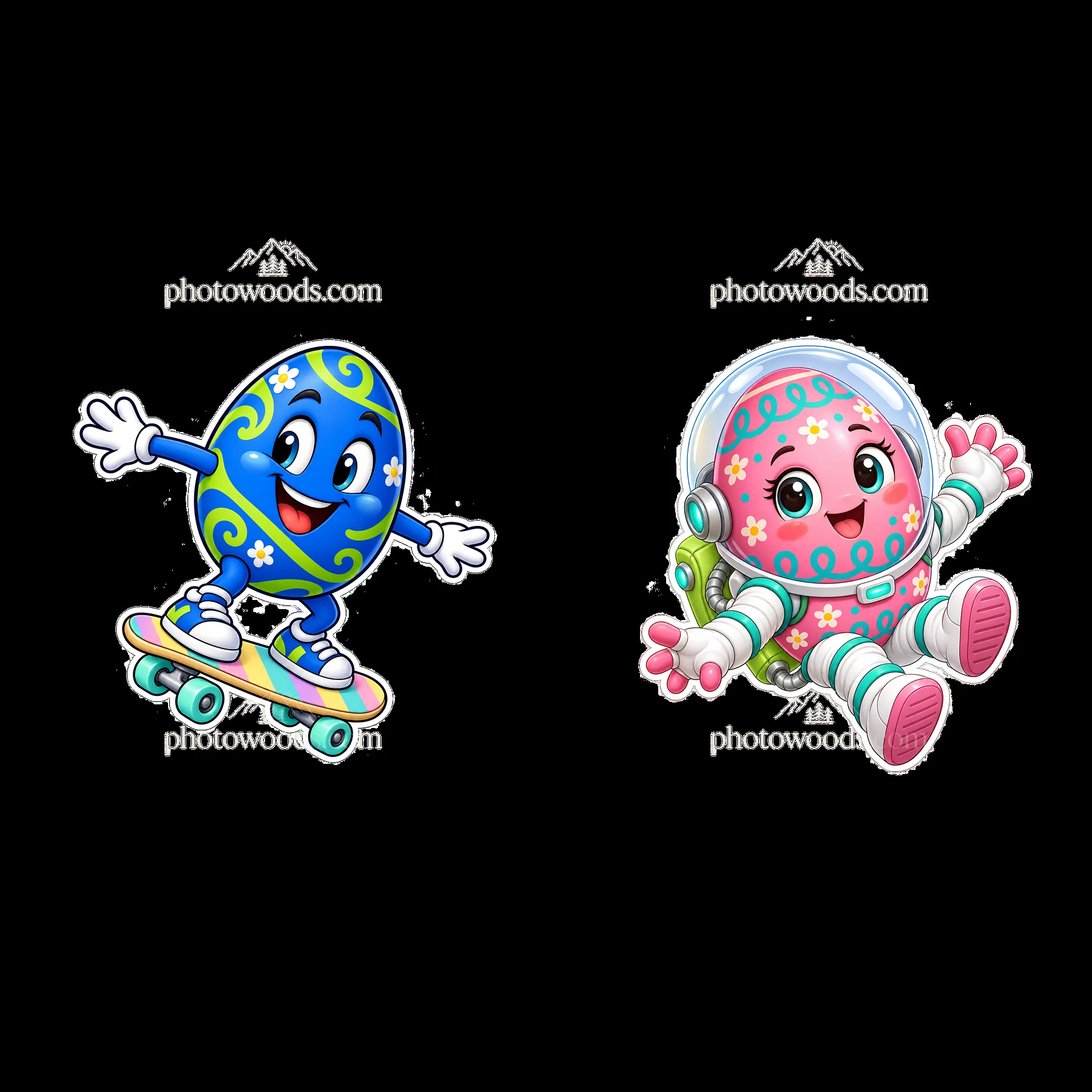 Colorful Easter eggs on skateboards and in space suits - AI-generated stock image
