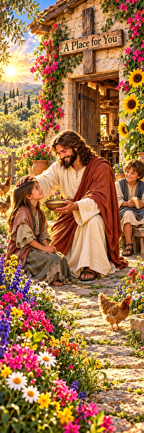 Jesus Christ comforting a child in a vibrant garden scene - AI-generated stock image