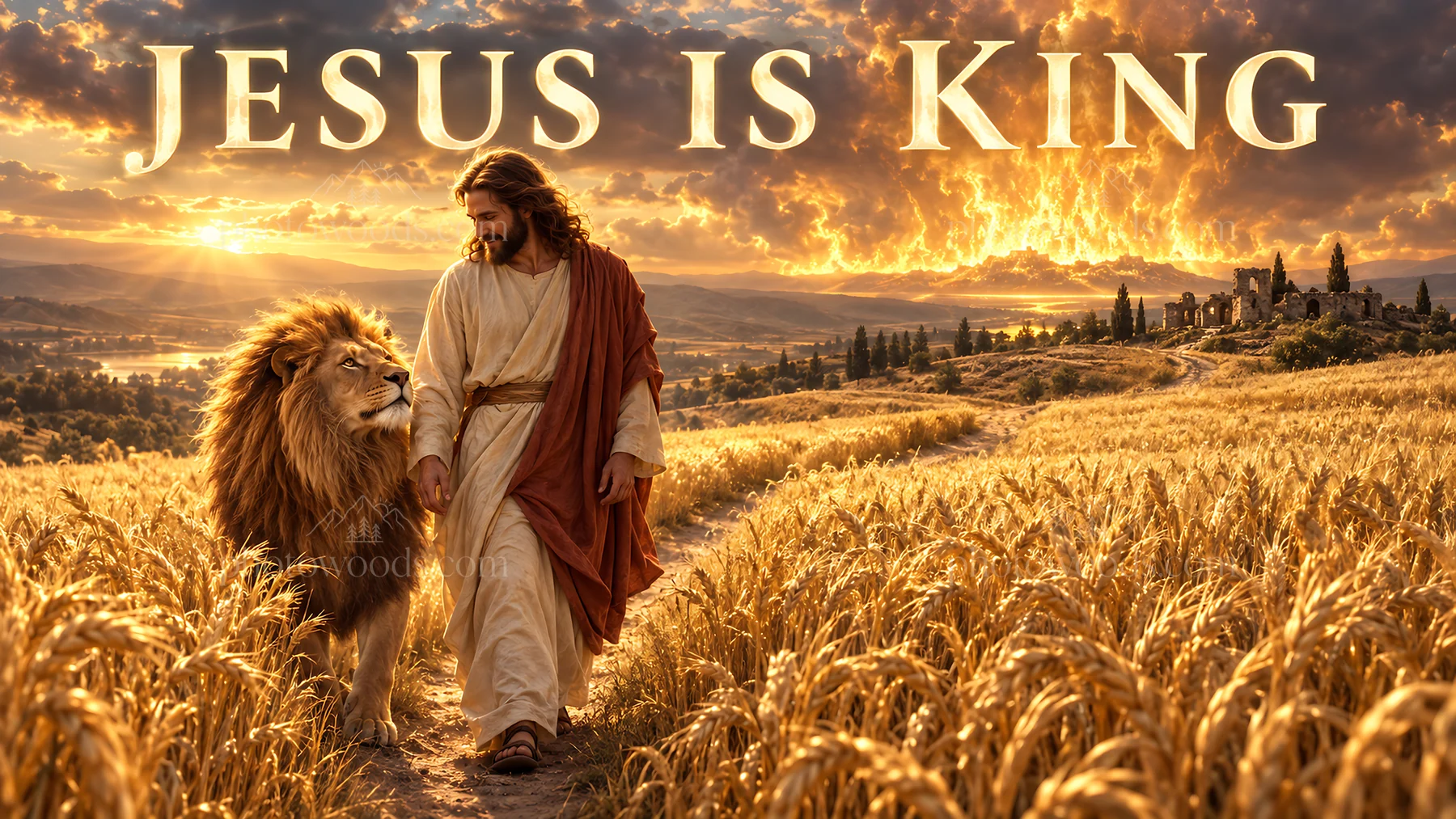 Jesus Christ walks with a lion in a golden field - AI-generated stock image