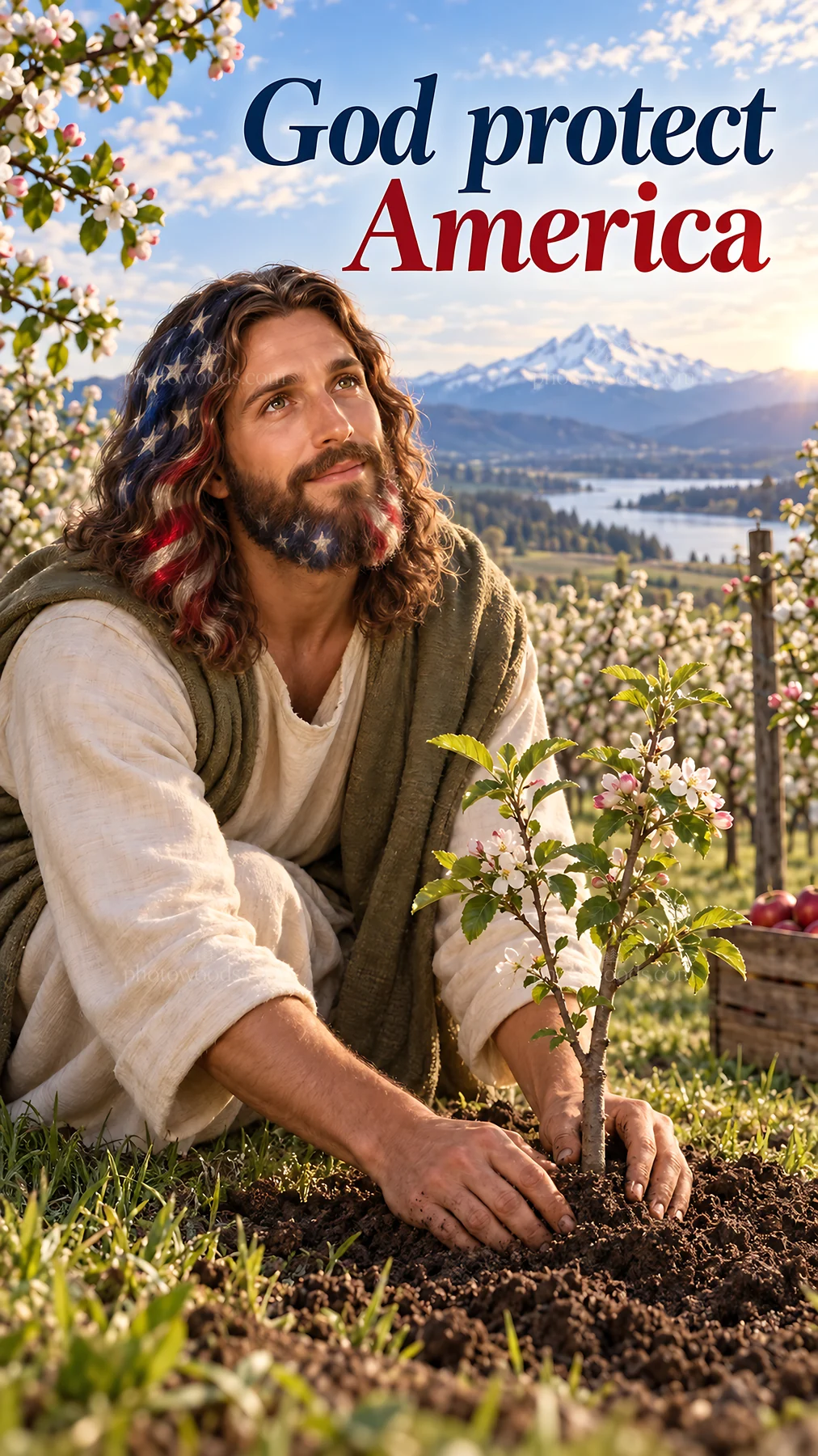 Jesus Christ planting a tree in scenic landscape - AI-generated stock image