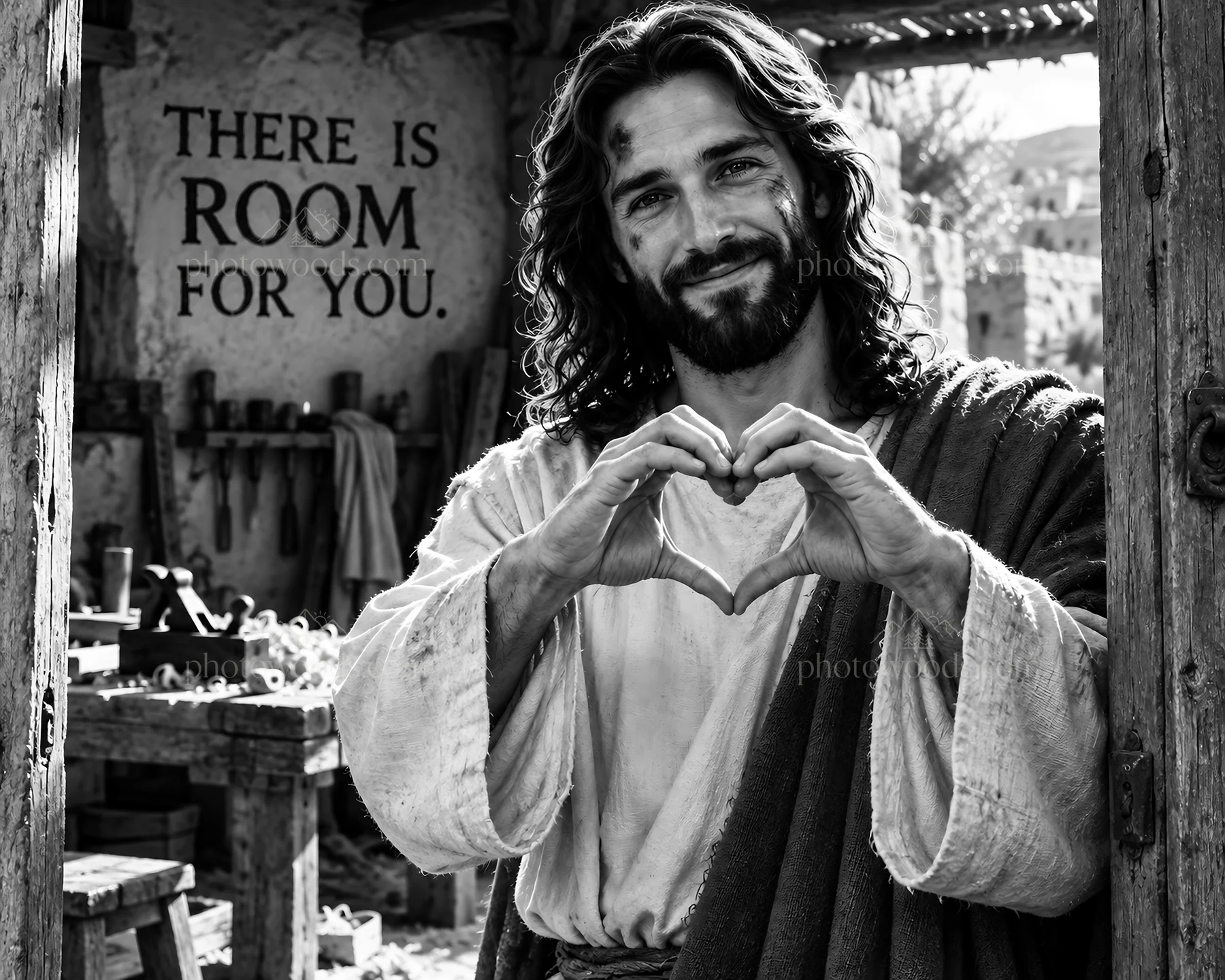 Jesus Christ welcoming with a heart symbol in a workshop - AI-generated stock image