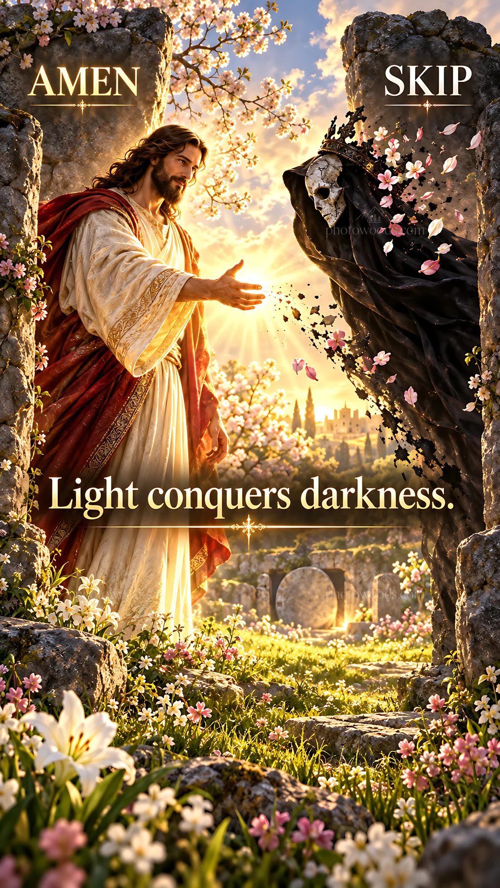 Jesus Christ offering light to overcome darkness - AI-generated stock image