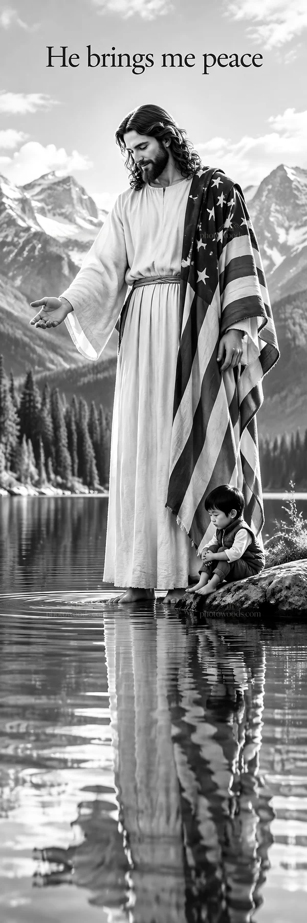 Jesus Christ brings peace while standing by a child by water - AI-generated stock image