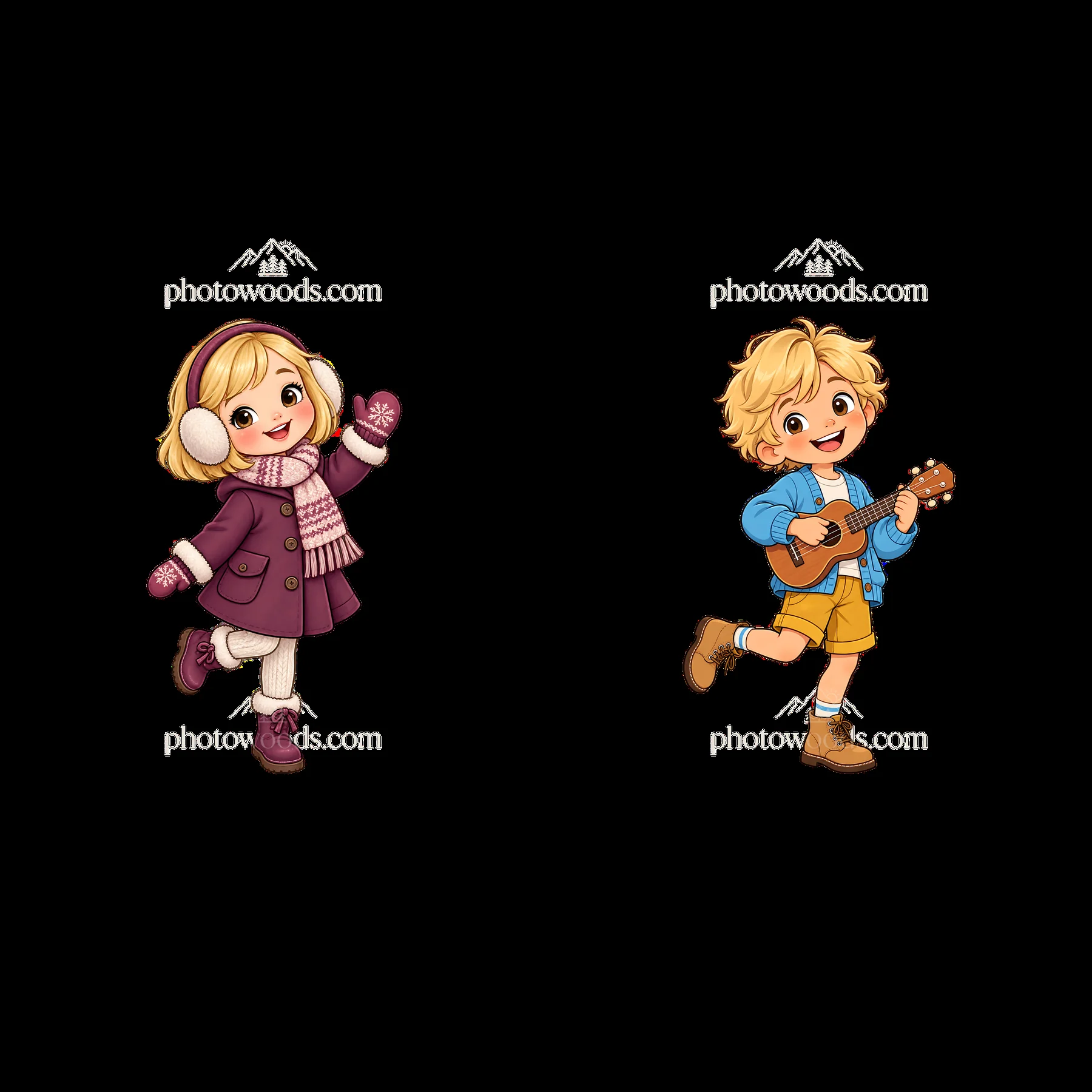 Blond child with guitar plays music next to girl in winter outfit - AI-generated stock image
