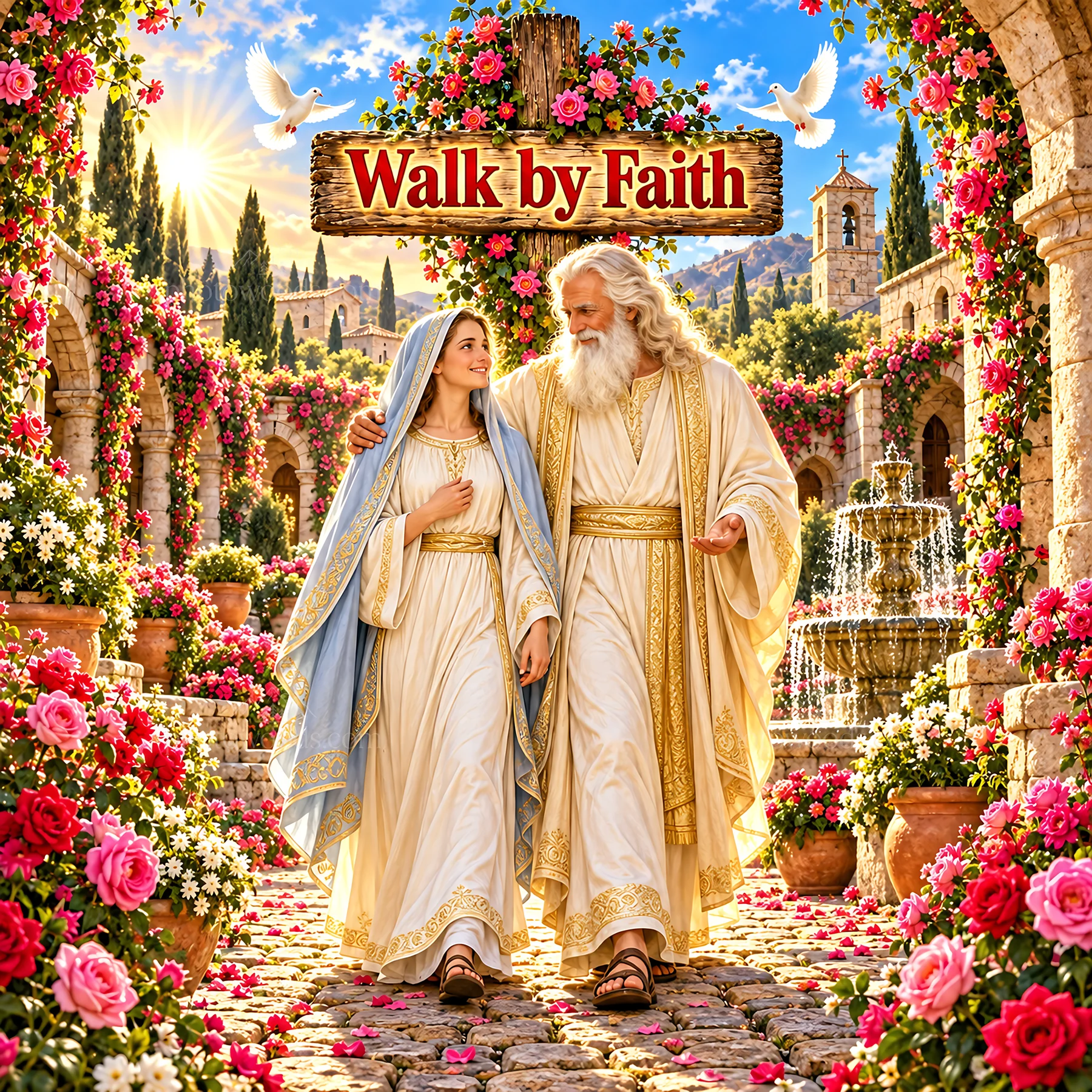 Jesus Christ walks with a woman in a garden filled with flowers - AI-generated stock image