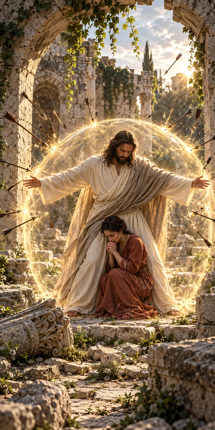 Jesus Christ brings comfort to a suffering person in ruins - AI-generated stock image