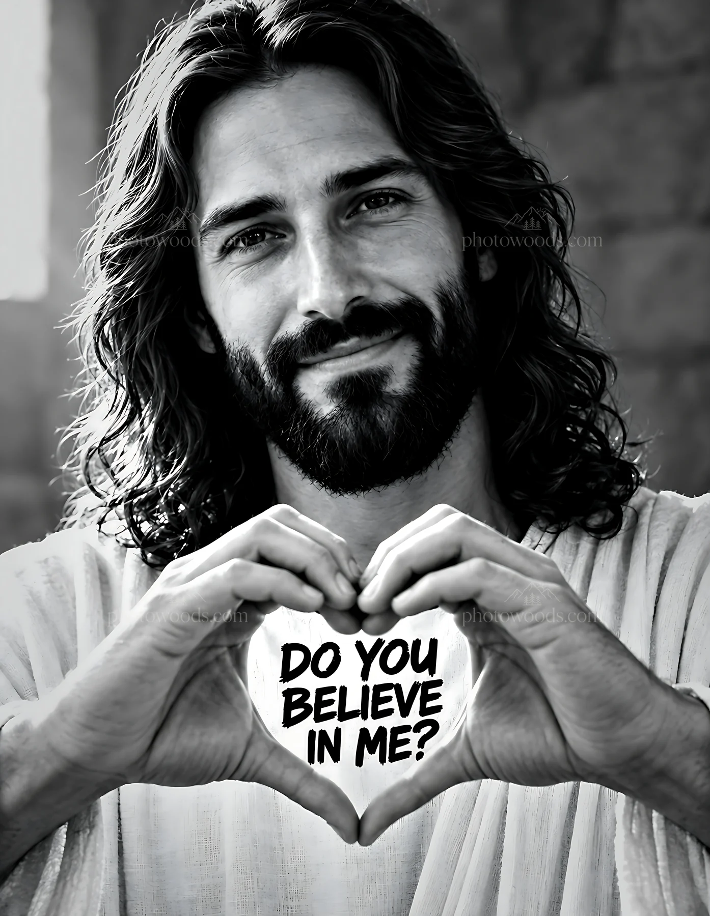 Man with long hair and beard making a heart shape with hands - AI-generated stock image