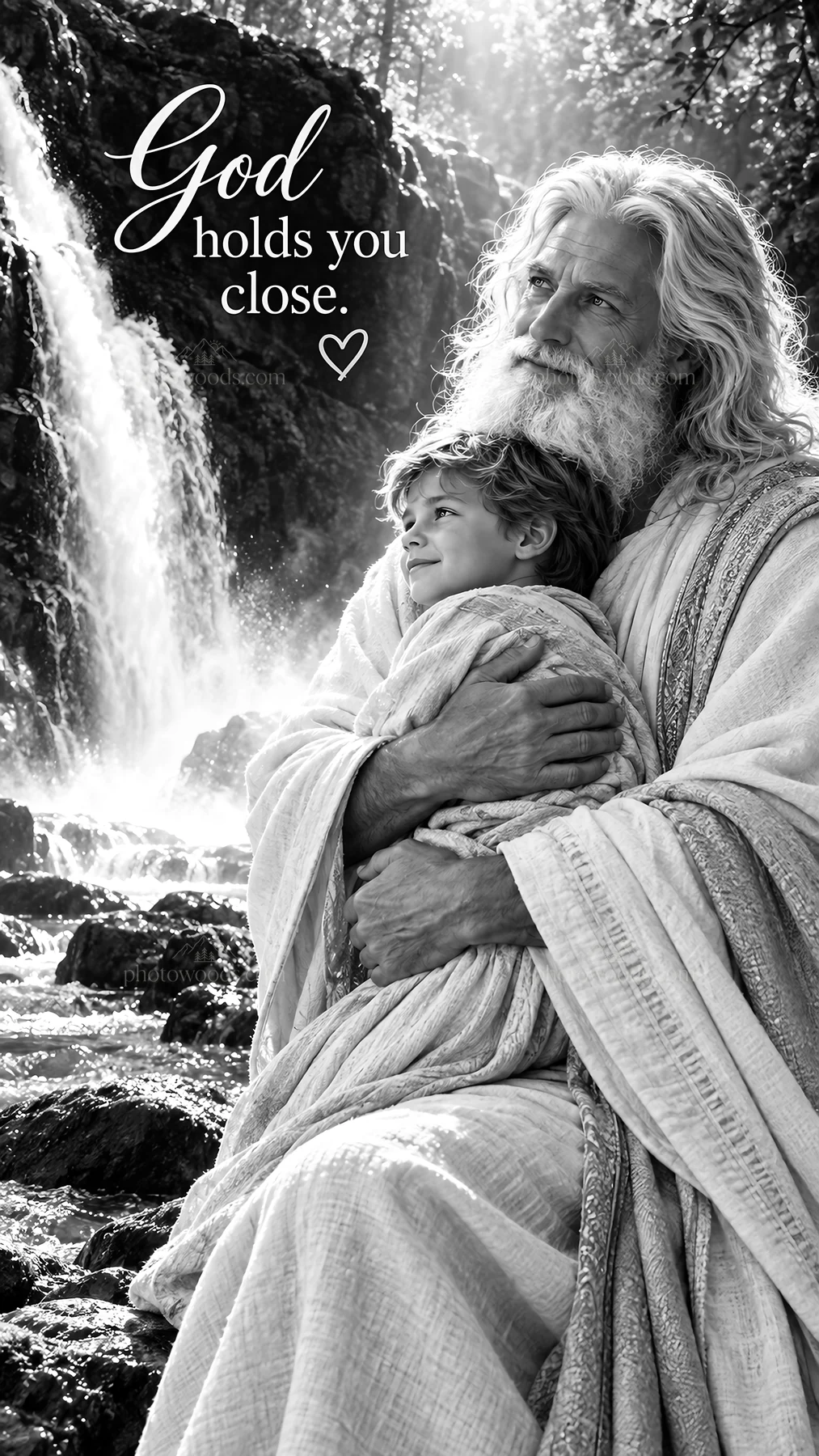 Jesus Christ comforting a child by a waterfall - AI-generated stock image