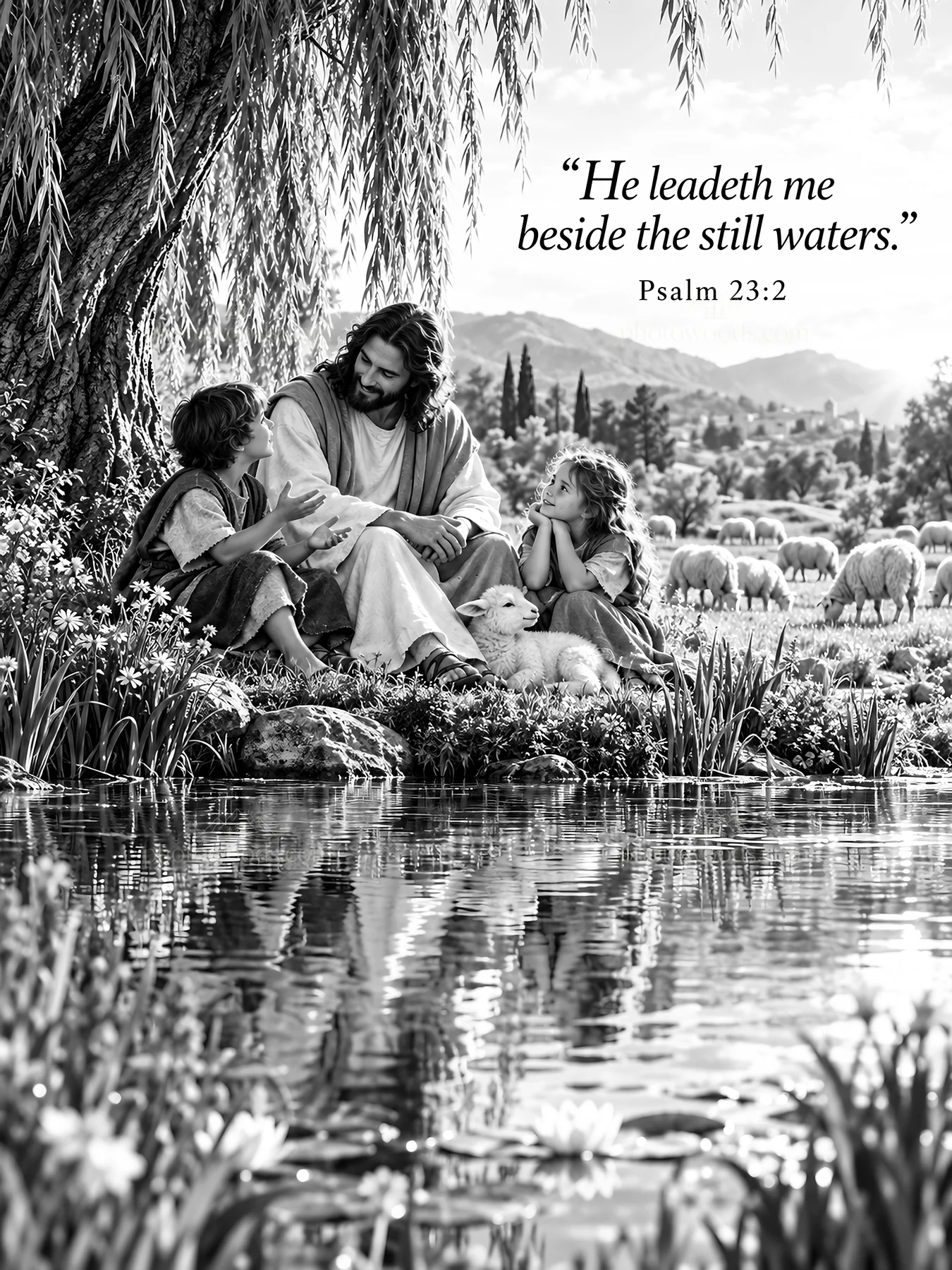 Jesus Christ teaching by the water with children and a lamb - AI-generated stock image