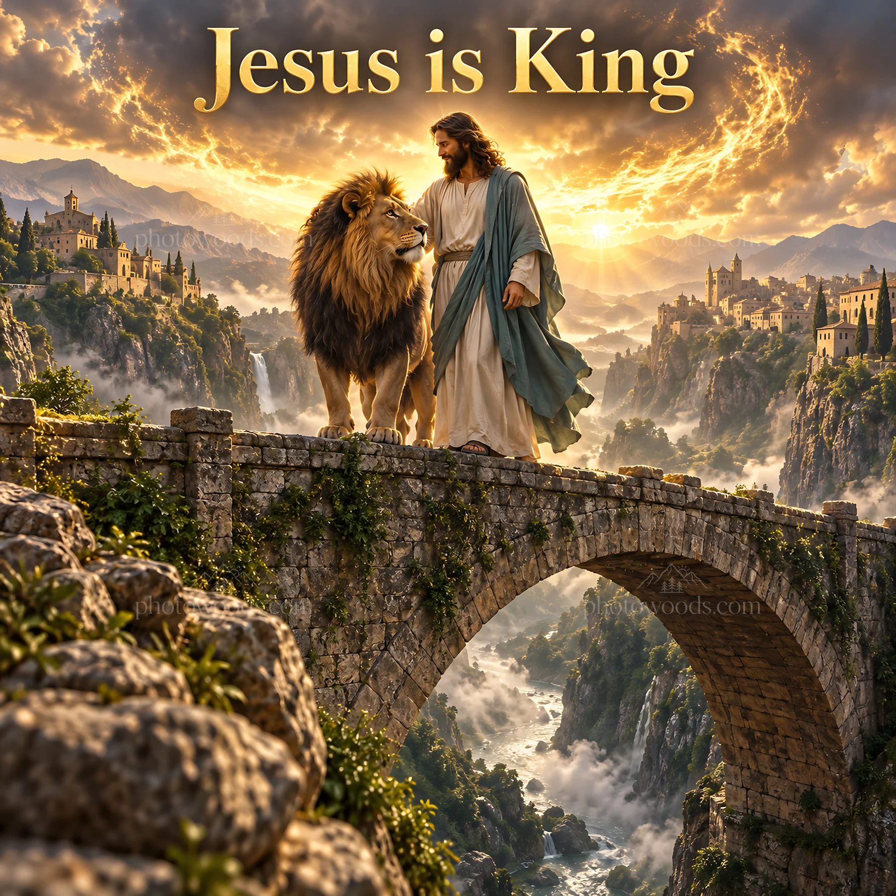 Jesus Christ walking with a lion on a bridge - AI-generated stock image