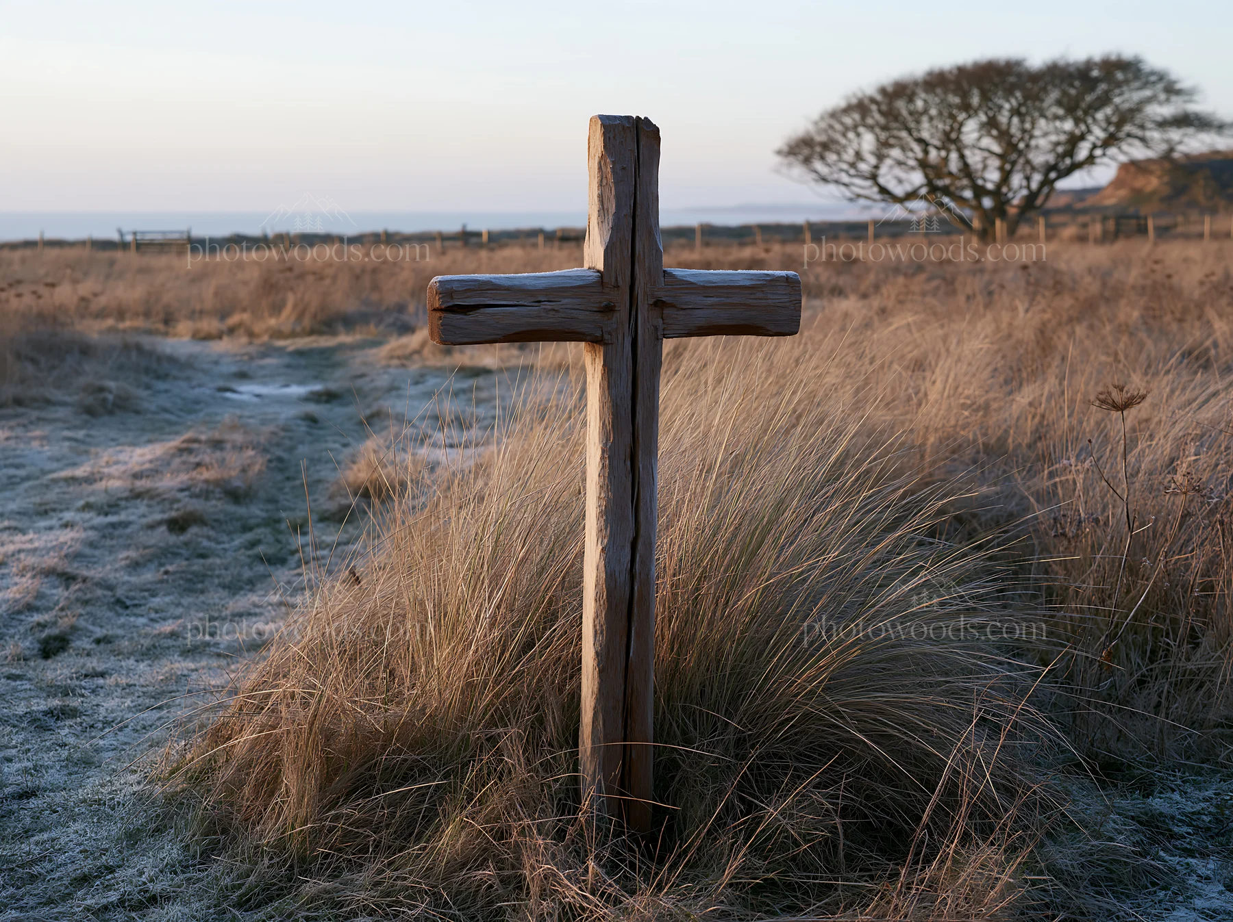 Carved oak cross standing in frosted meadow - AI-generated stock image