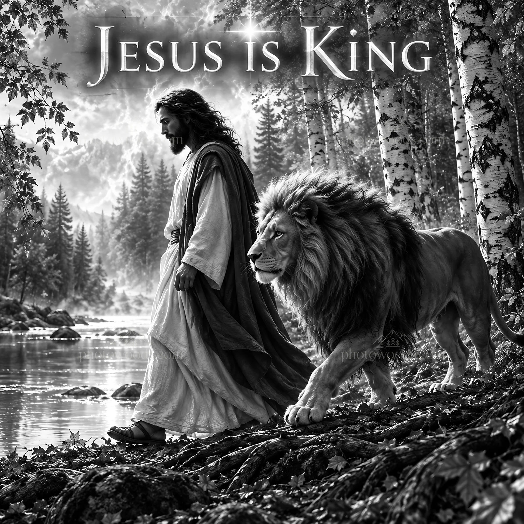 Jesus Christ walking beside a lion in a forest - AI-generated stock image