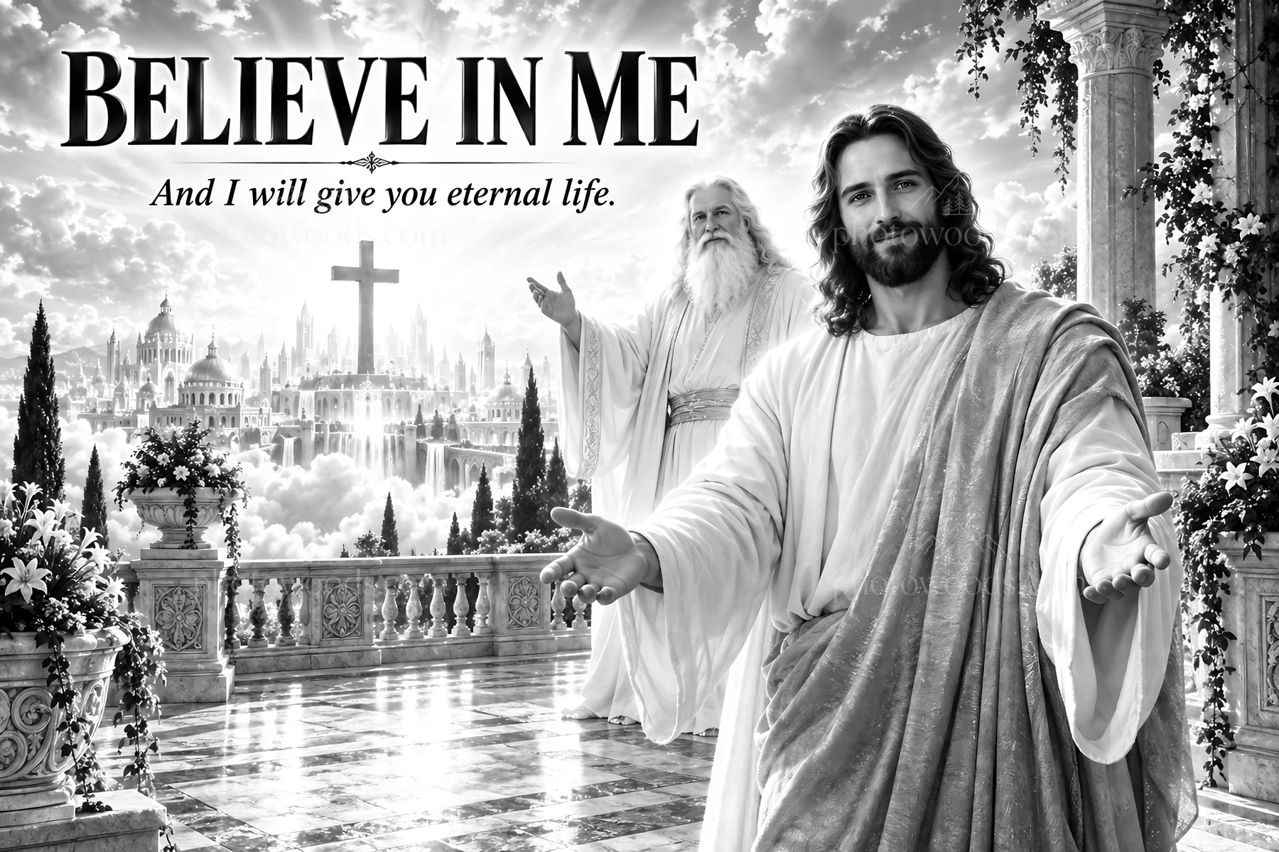 Jesus Christ welcoming the viewer with open arms - AI-generated stock image