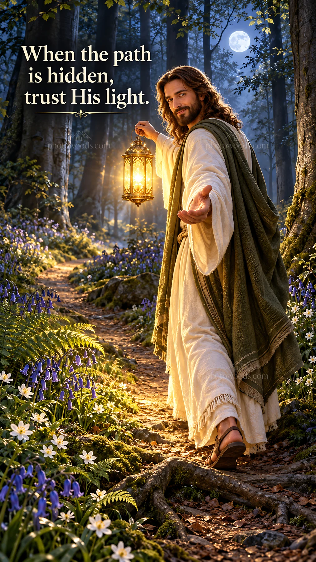 Jesus Christ walking on a forest path with a lantern - AI-generated stock image