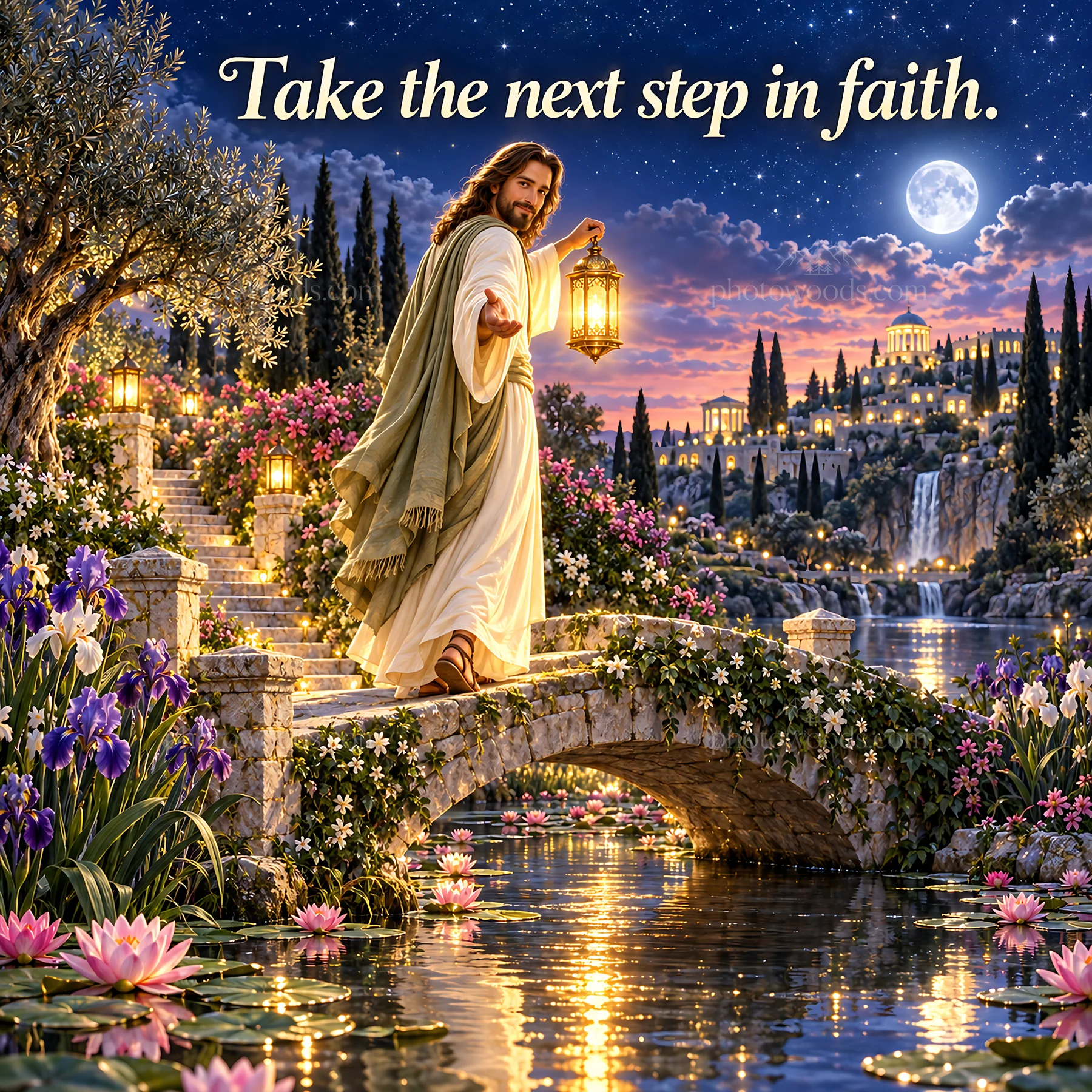 Jesus Christ guiding with a lantern on a stone bridge - AI-generated stock image
