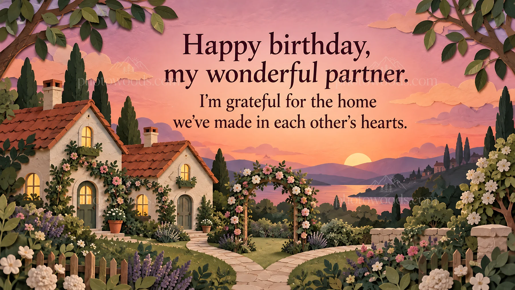 Birthday greeting with a cottage garden at sunset - AI-generated stock image