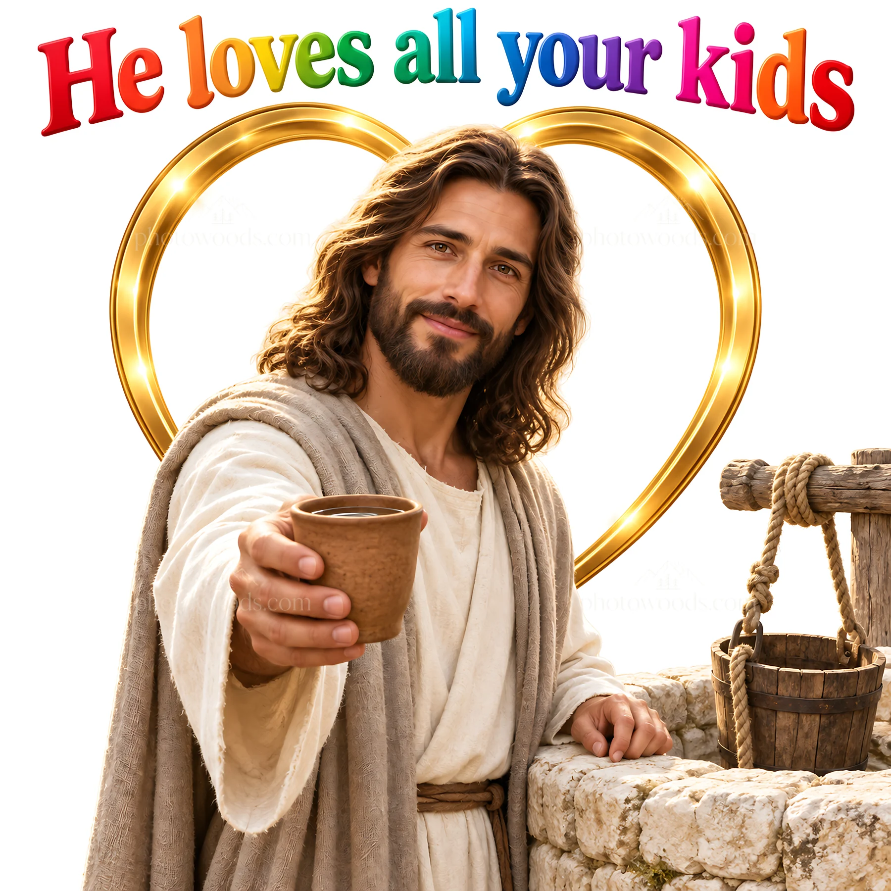 Jesus Christ sharing a drink with a welcoming gesture - AI-generated stock image